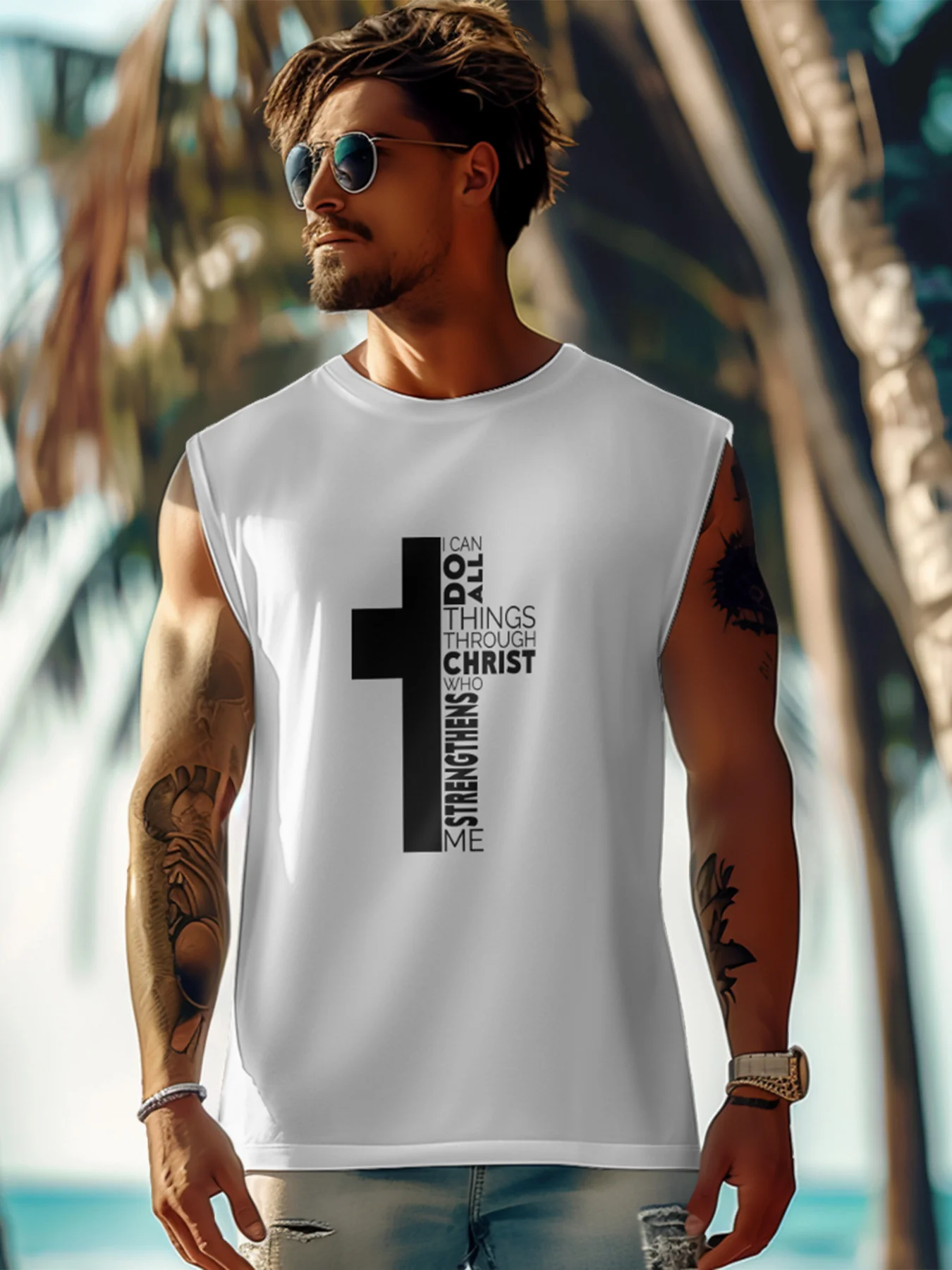 Mens Crewneck Tank Tops Cross Easter Beach Sleeveless Shirt