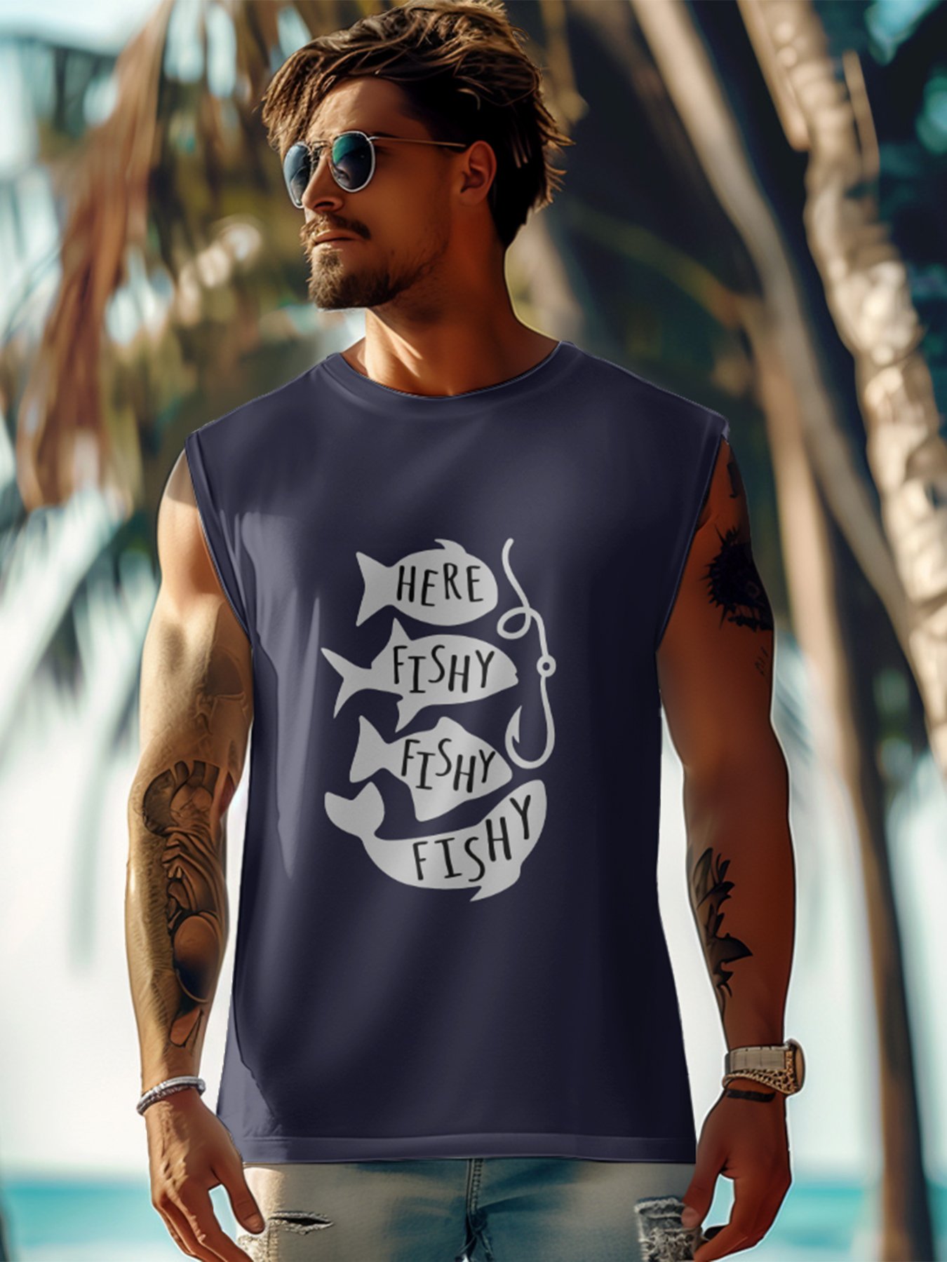 Mens Crewneck Tank Tops Fishing Here Fishy Beach Sleeveless Shirts