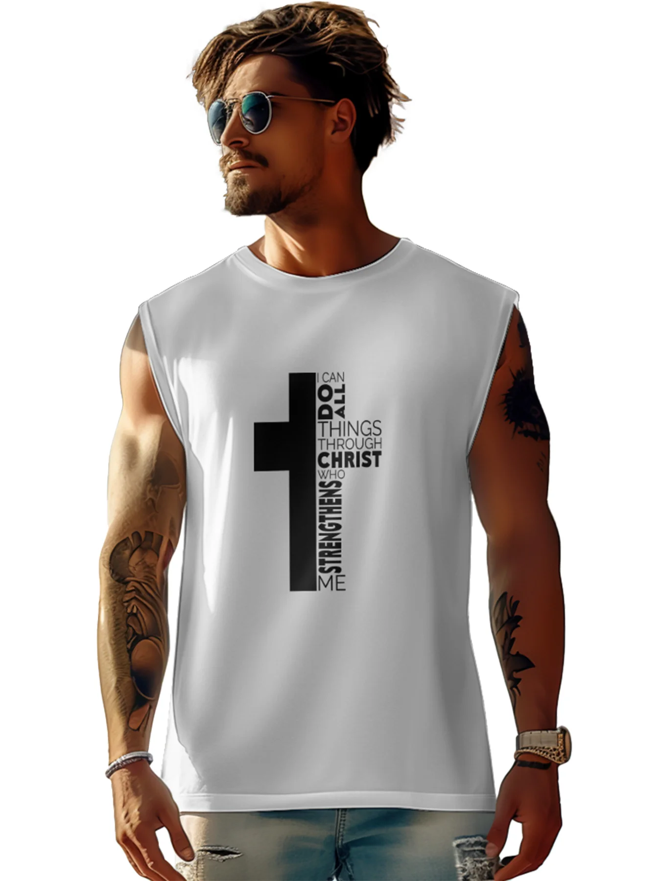 Mens Crewneck Tank Tops Cross Easter Beach Sleeveless Shirt