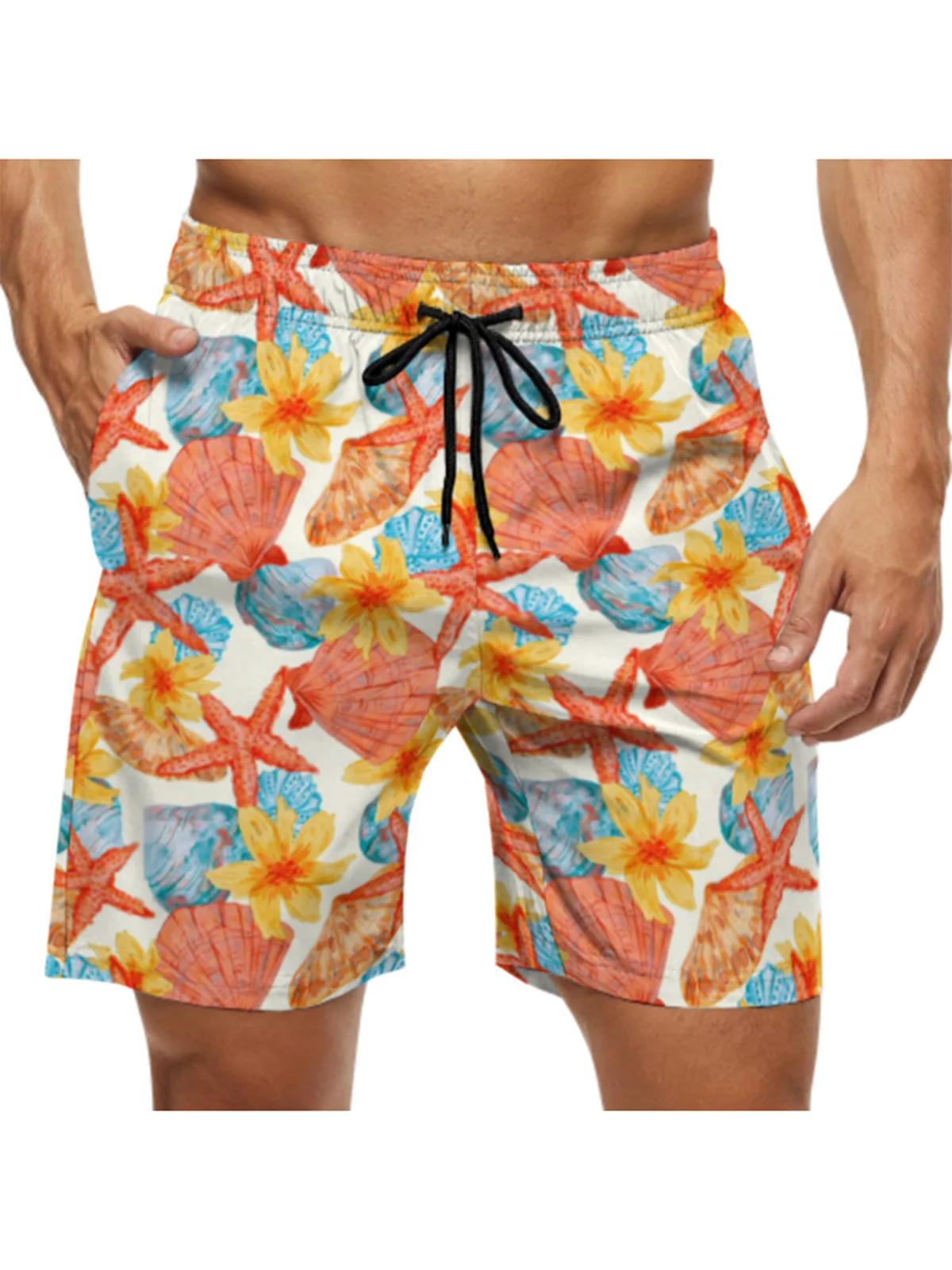 Men's Swim Trunks Hawaiian  Starfish Shell Beach Shorts with Pockets