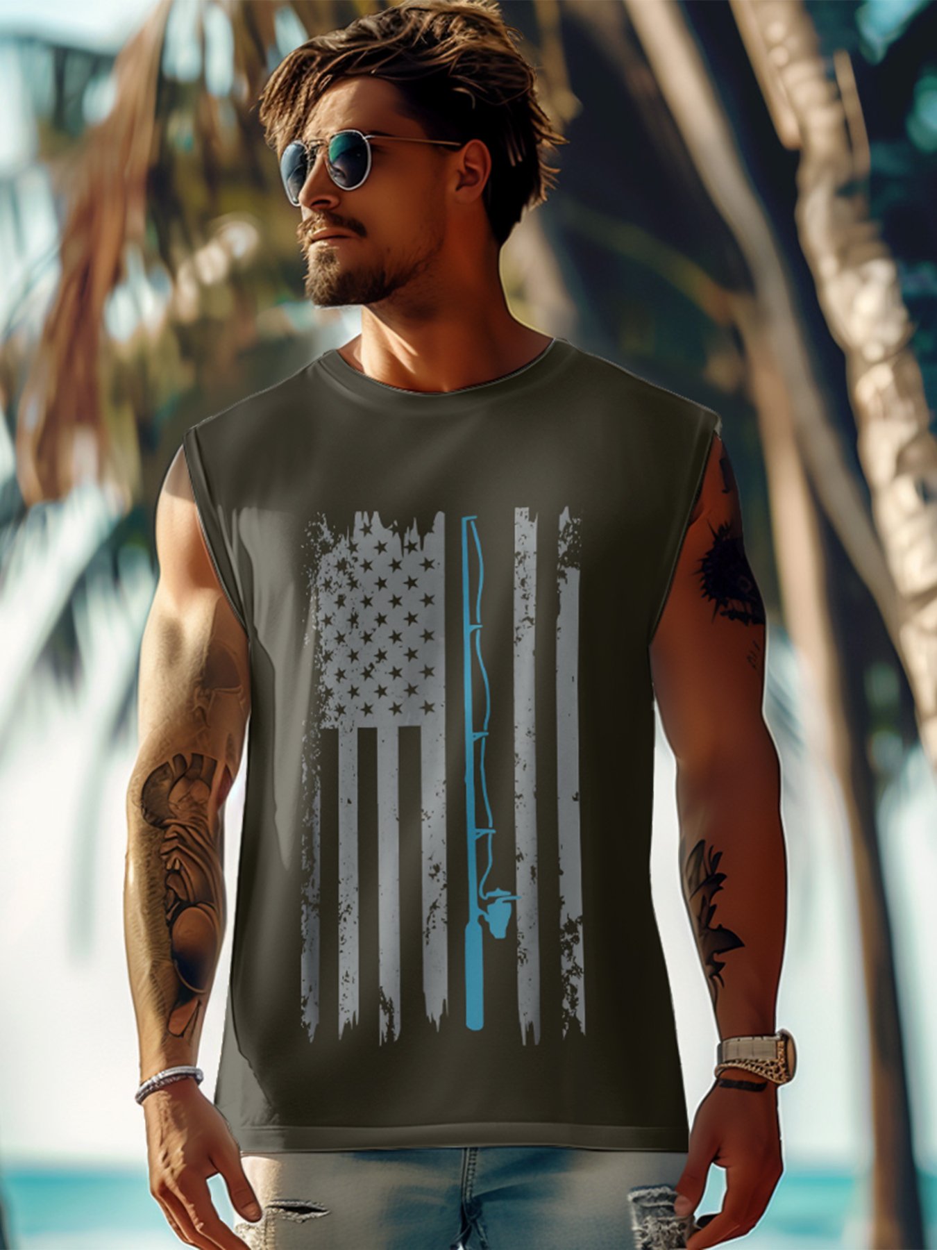 Mens Crewneck Tank Tops American Flag Fishing Patriotic Sleeveless T-Shirt