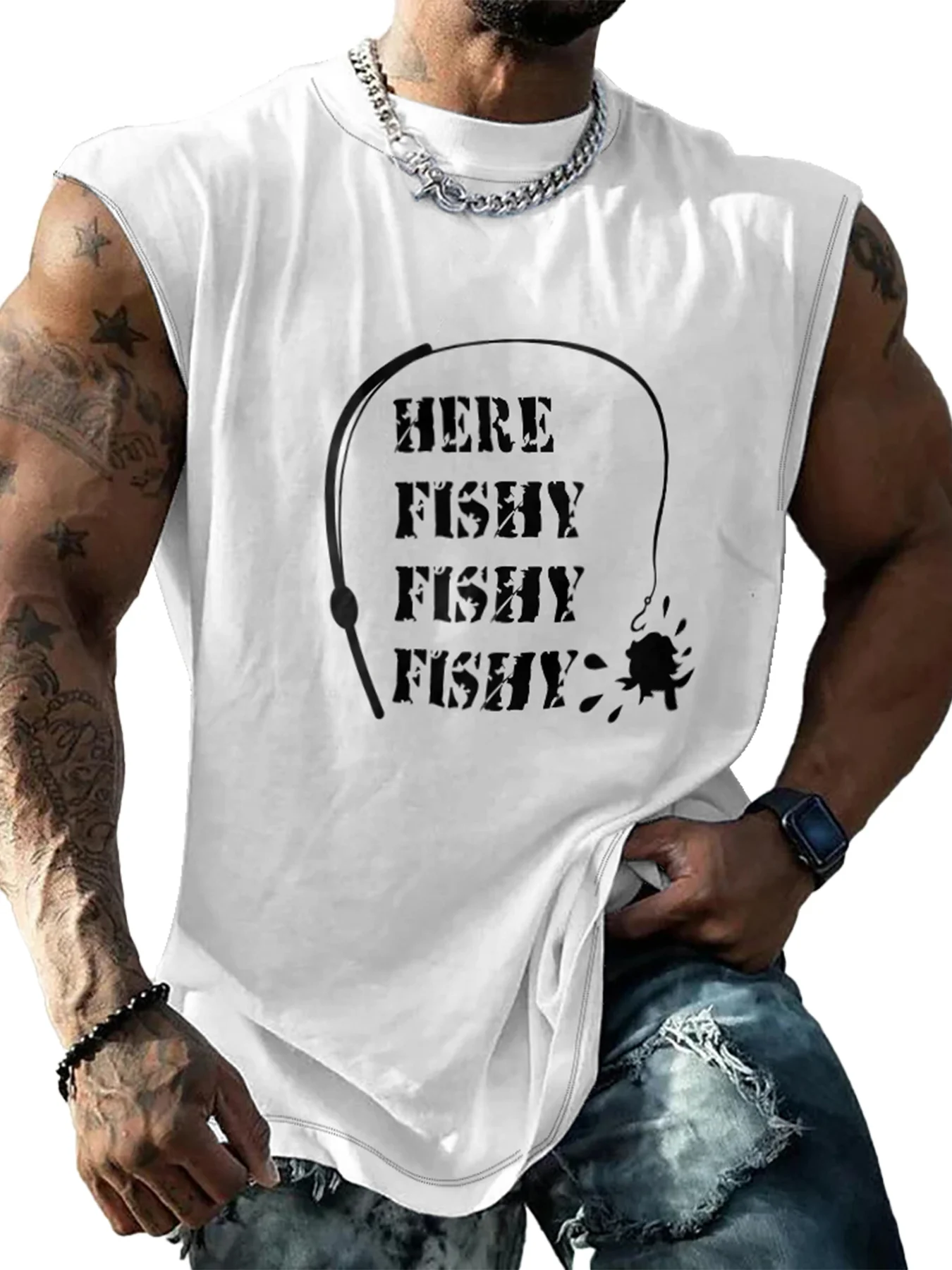 Mens Crewneck Tank Tops Fishing Here Fishy Beach Sleeveless Shirts