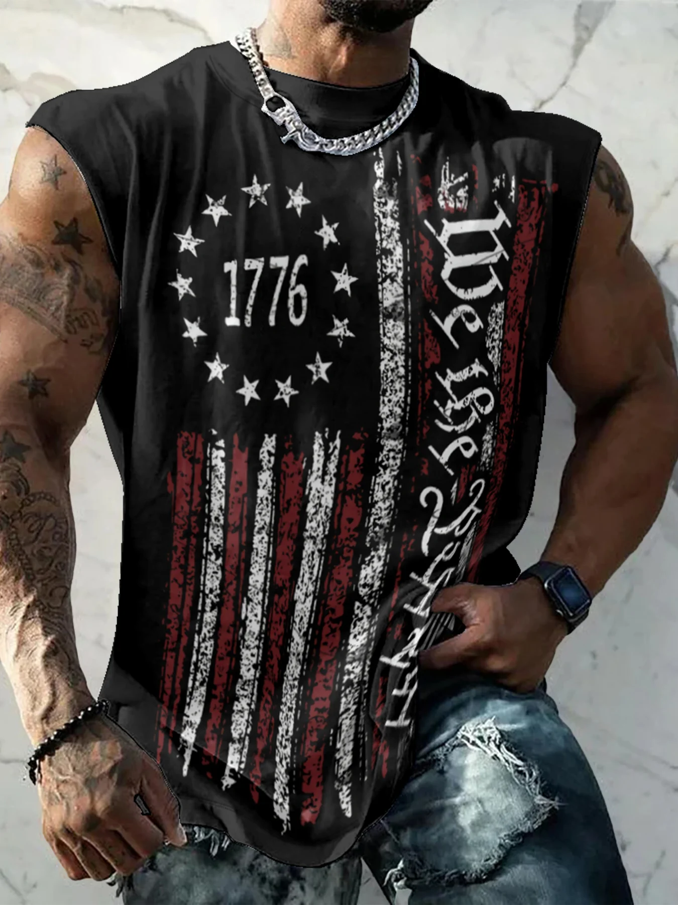 Mens Crewneck Tank Tops American Flag National Patriotic Sleeveless T-Shirt