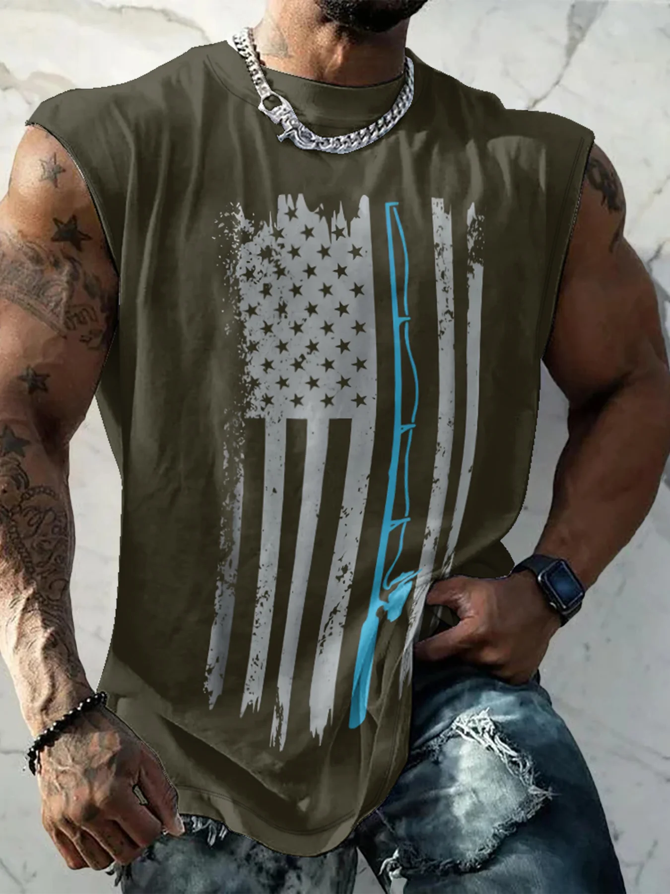 Mens Crewneck Tank Tops American Flag Fishing Patriotic Sleeveless T-Shirt