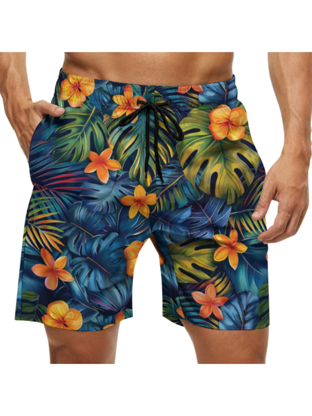 Men's Swim Trunks Hawaiian Tropical Floral Beach Shorts with Pockets