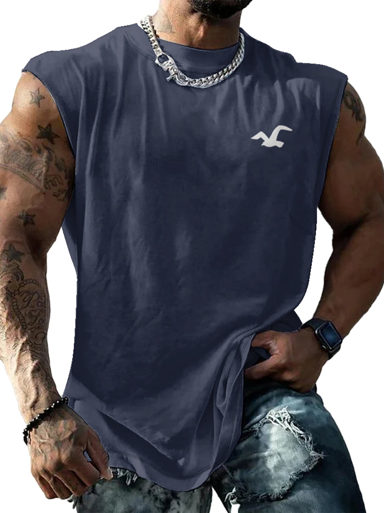 Mens Crewneck Tank Tops Seagull Beach Sleeveless Shirt