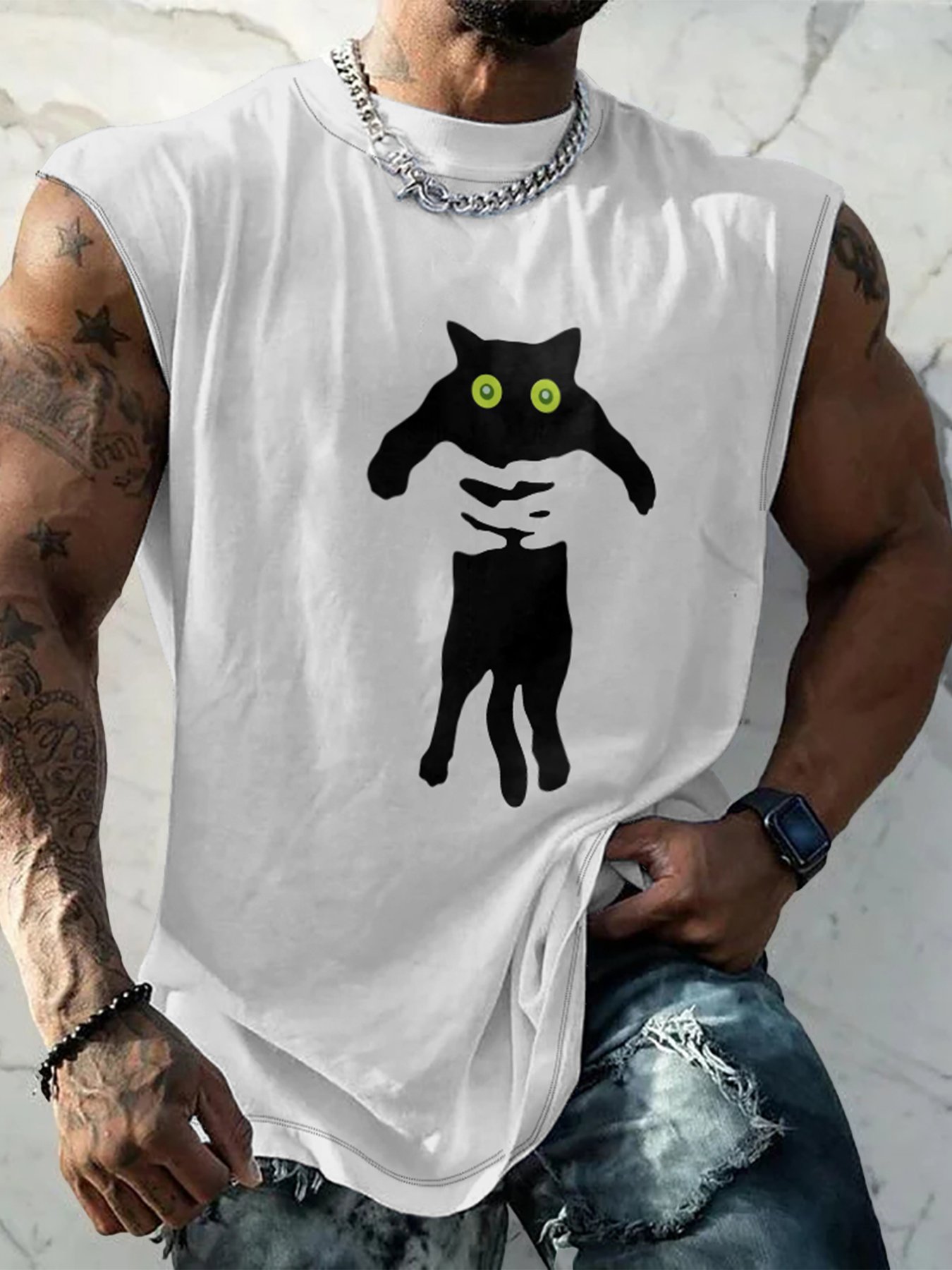 Mens Crewneck Tank Tops Black Cat Beach Sleeveless Shirt