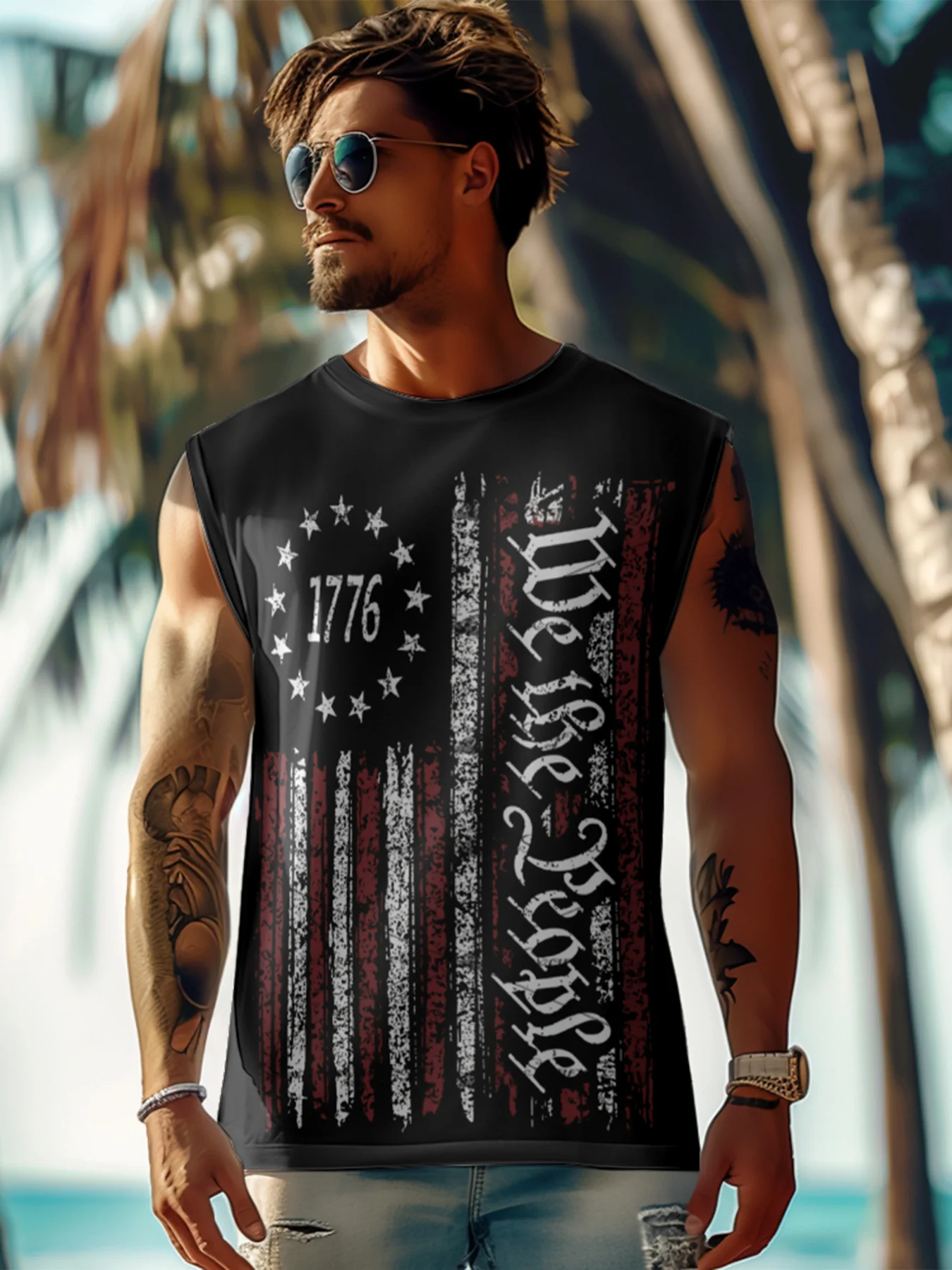 Mens Crewneck Tank Tops American Flag National Patriotic Sleeveless T-Shirt