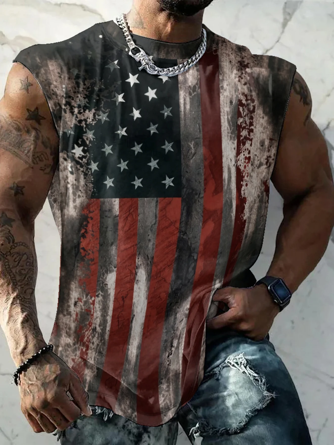 Mens Crewneck Tank Tops American Flag National Patriotic Sleeveless T-Shirt