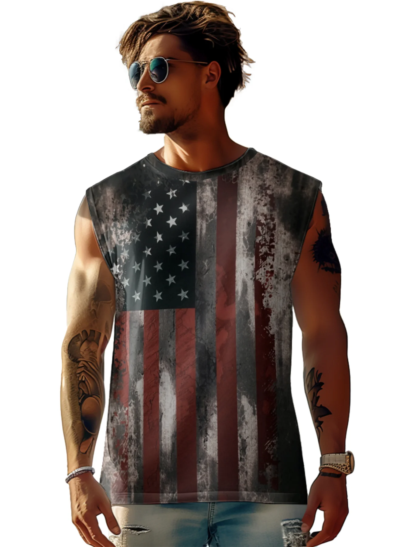 Mens Crewneck Tank Tops American Flag National Patriotic Sleeveless T-Shirt