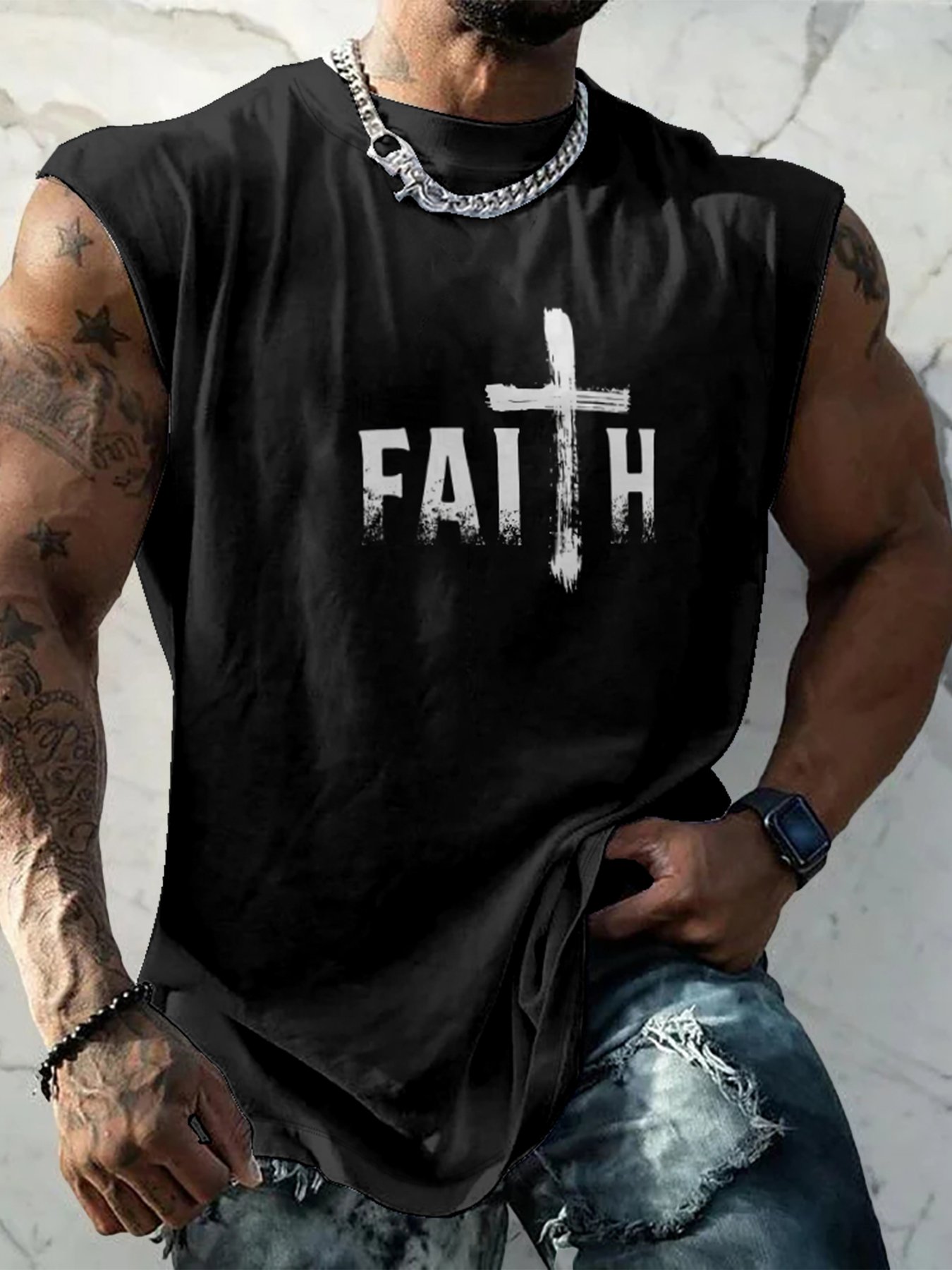 Mens Crewneck Tank Tops Faith Cross Easter Beach Sleeveless Shirt