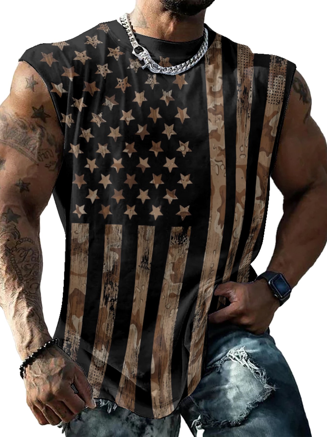 Mens Crewneck Tank Tops American Flag National Patriotic Sleeveless T-Shirt