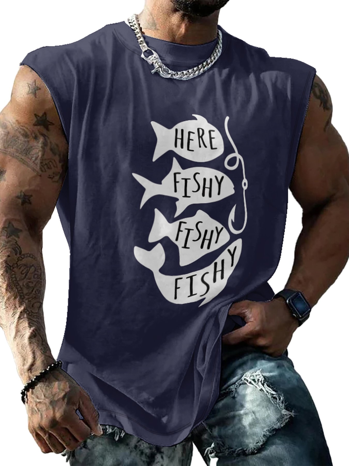 Mens Crewneck Tank Tops Fishing Here Fishy Beach Sleeveless Shirts