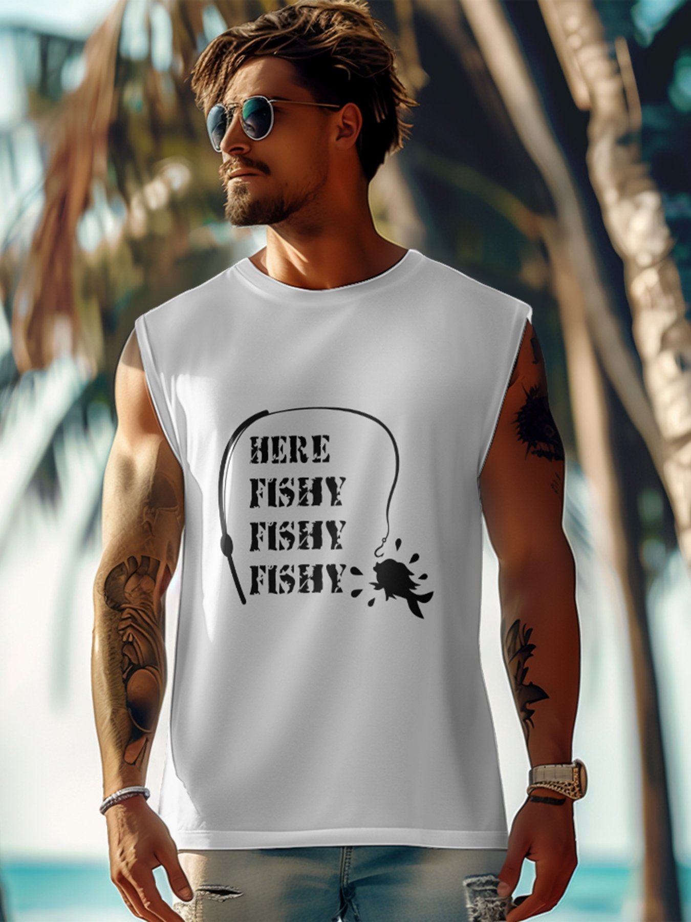 Mens Crewneck Tank Tops Fishing Here Fishy Beach Sleeveless Shirts