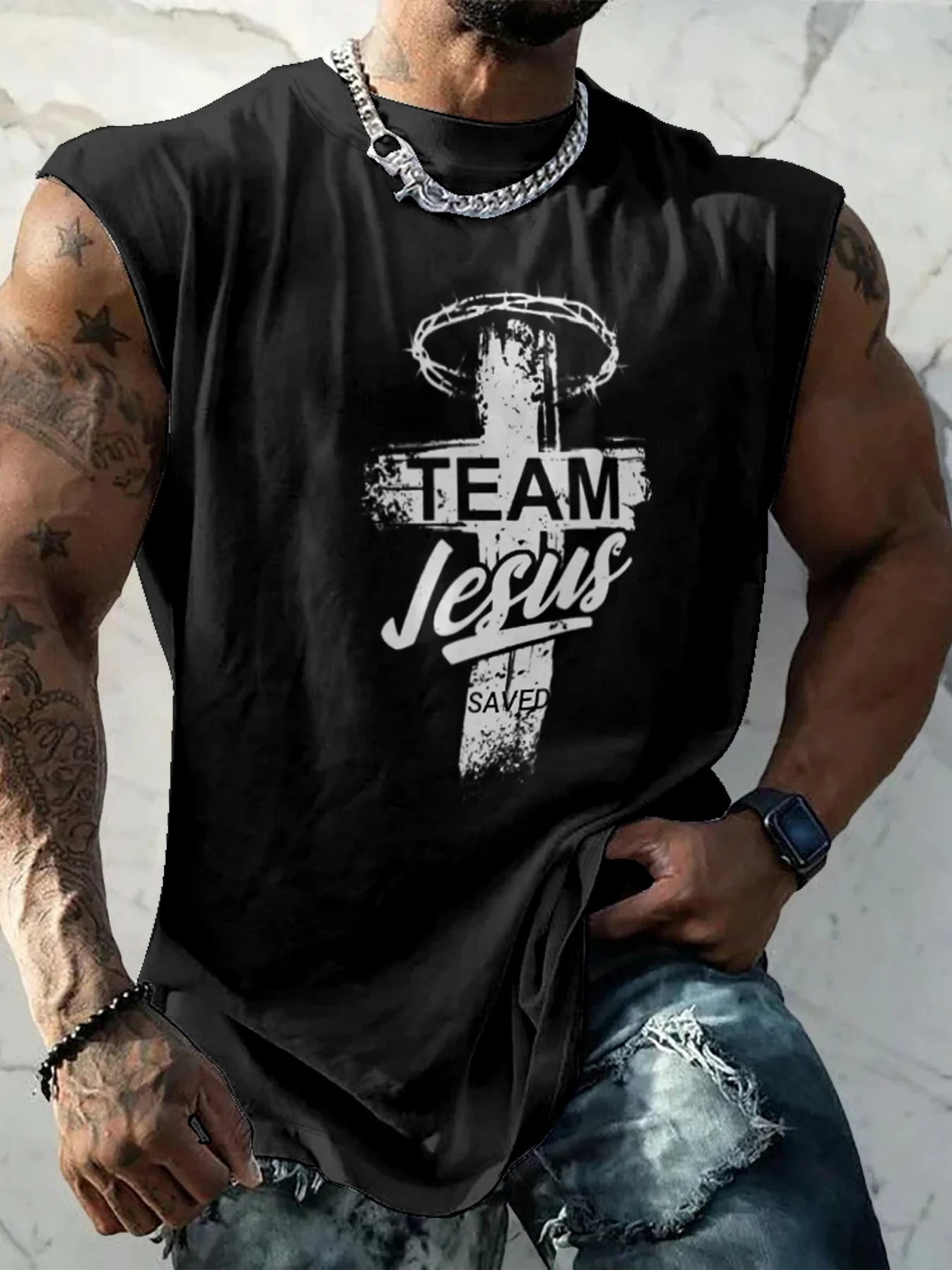 Mens Crewneck Tank Tops Team Jesus Saved Cross Easter Sleeveless Shirt