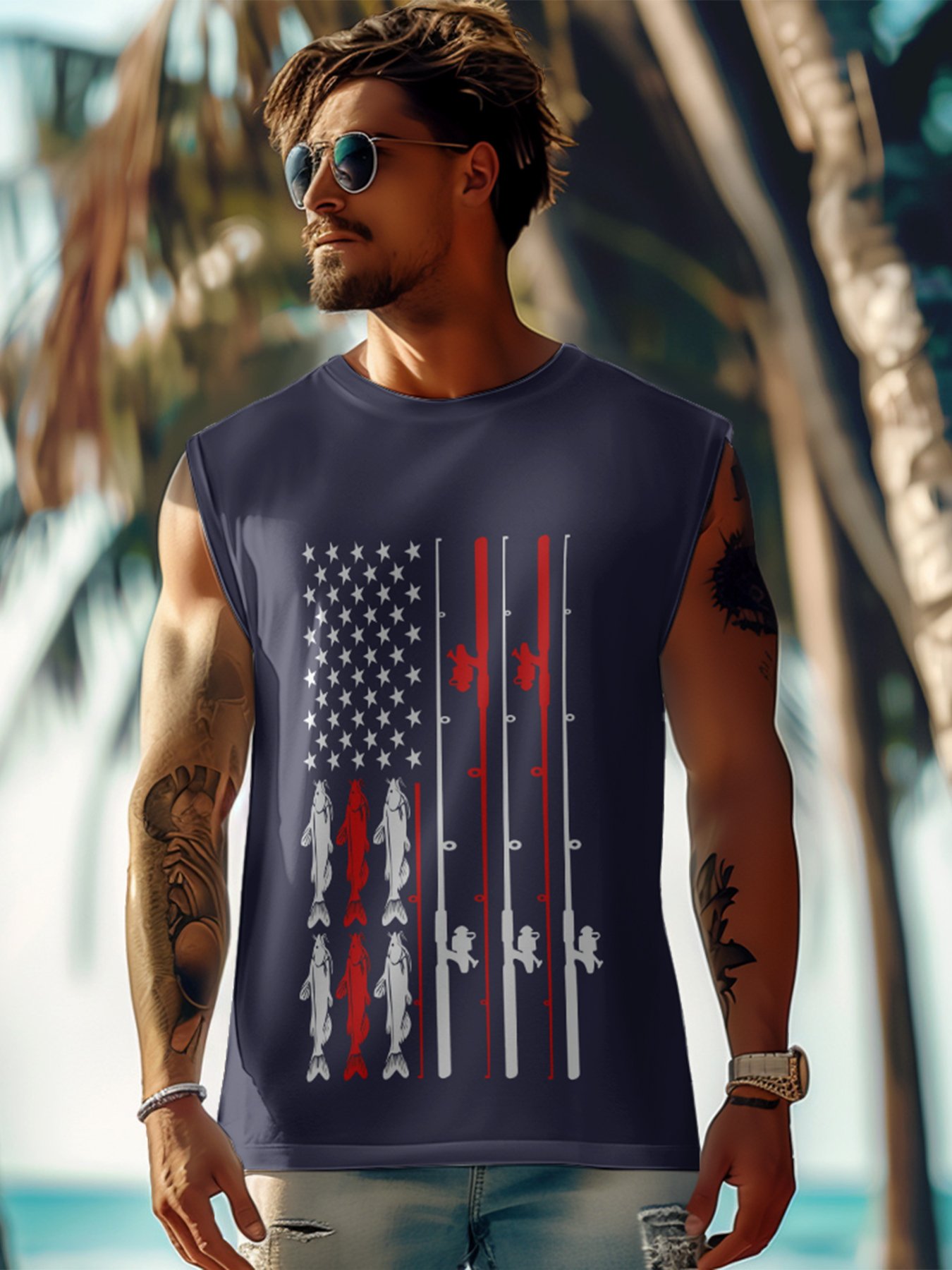 Mens Crewneck Tank Tops American Flag Fishing Patriotic Sleeveless T-Shirt