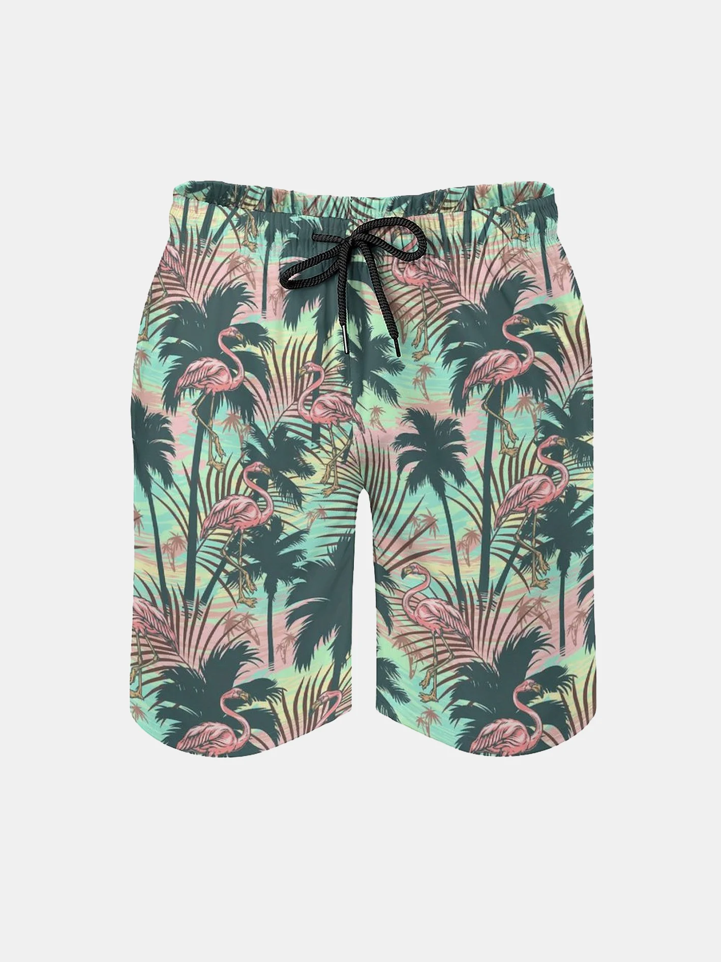 Men's Swim Trunks Hawaiian Tropical Palm Tree Flamingo Beach Shorts with Pockets