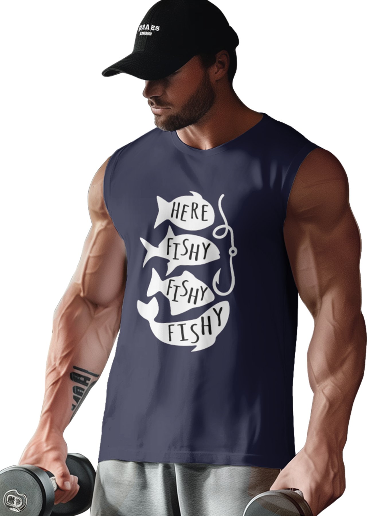 Mens Crewneck Tank Tops Fishing Here Fishy Beach Sleeveless Shirts