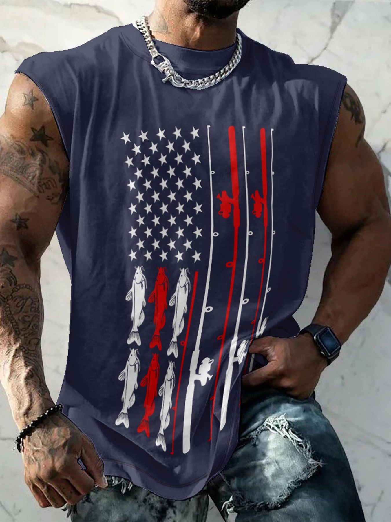 Mens Crewneck Tank Tops American Flag Fishing Patriotic Sleeveless T-Shirt