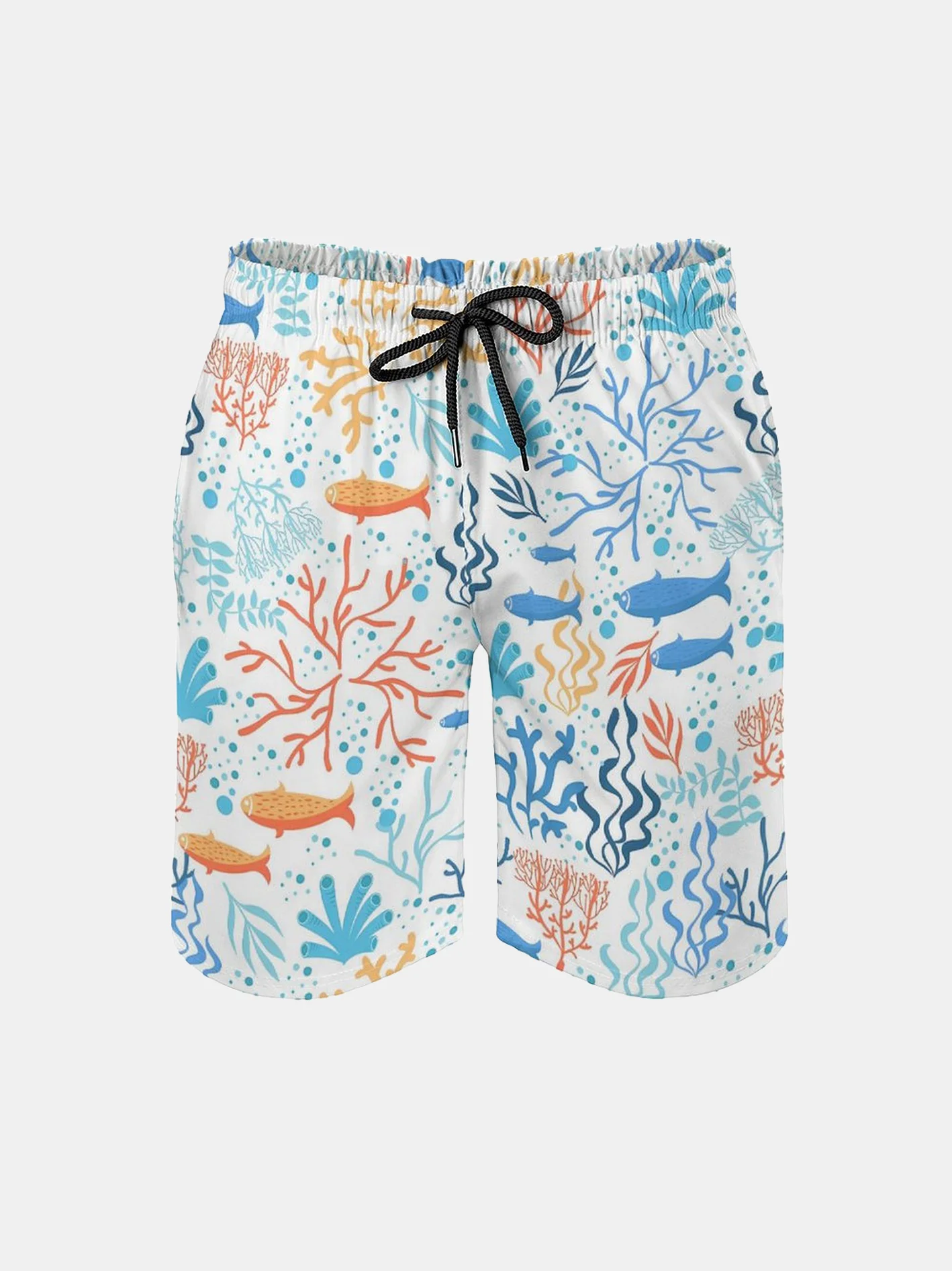 Men's Swim Trunks Hawaiian Marine Coral Fish Beach Shorts with Pockets