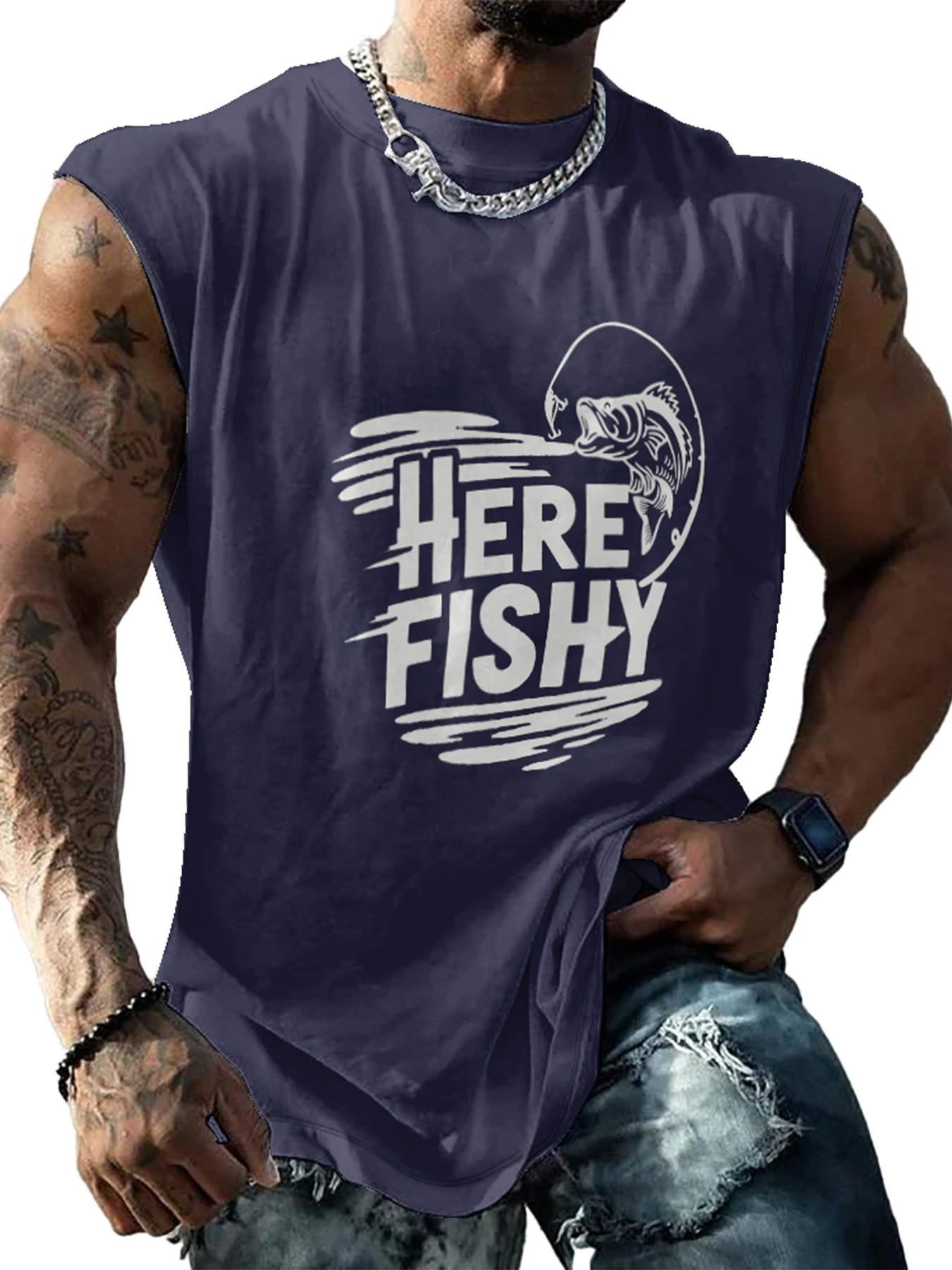 Mens Crewneck Tank Tops Fishing Here Fishy Beach Sleeveless Shirts