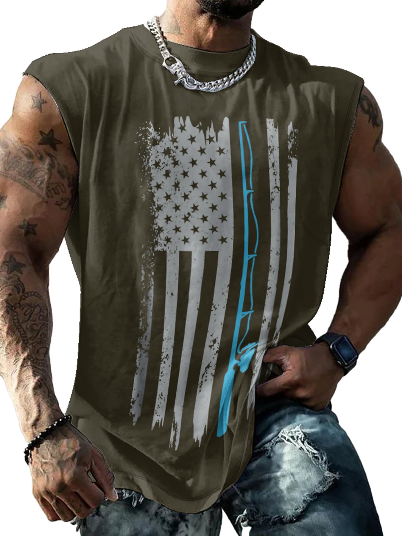 Mens Crewneck Tank Tops American Flag Fishing Patriotic Sleeveless T-Shirt