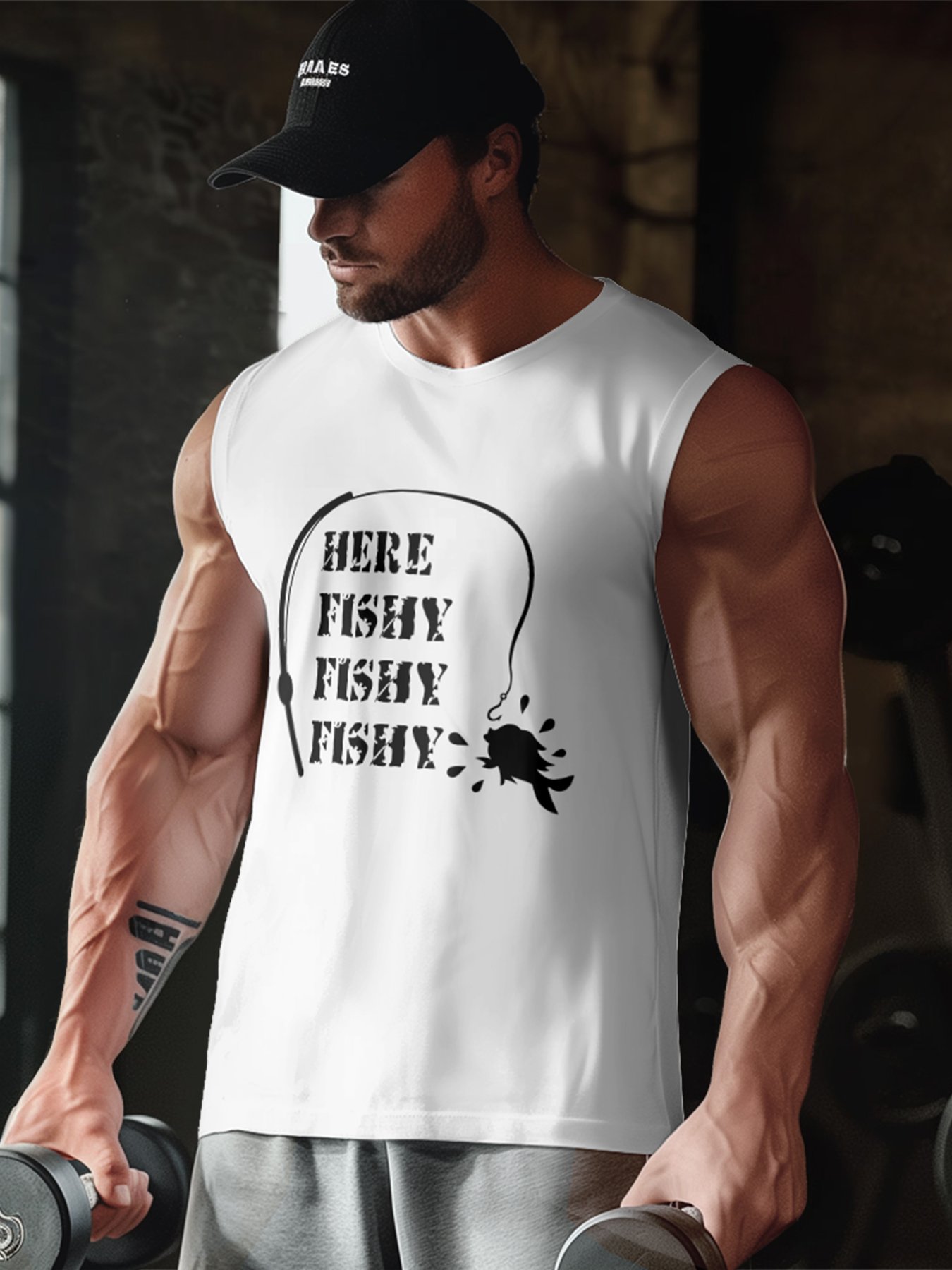 Mens Crewneck Tank Tops Fishing Here Fishy Beach Sleeveless Shirts