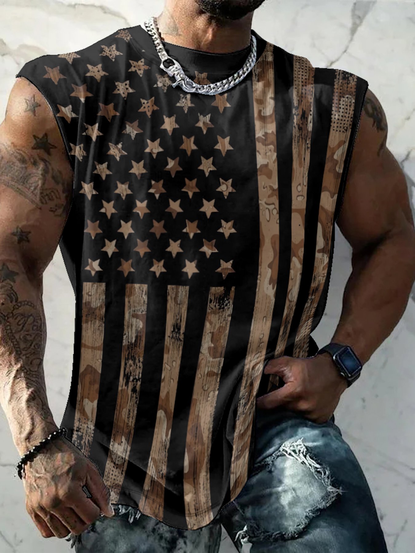 Mens Crewneck Tank Tops American Flag National Patriotic Sleeveless T-Shirt