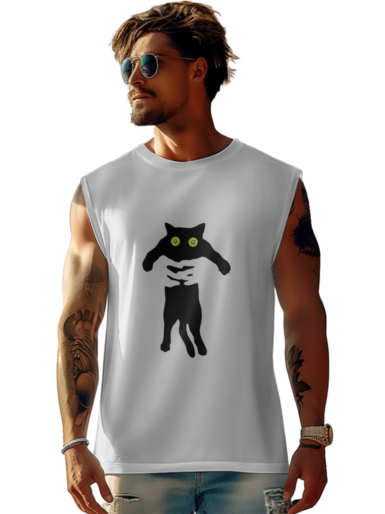 Mens Crewneck Tank Tops Black Cat Beach Sleeveless Shirt