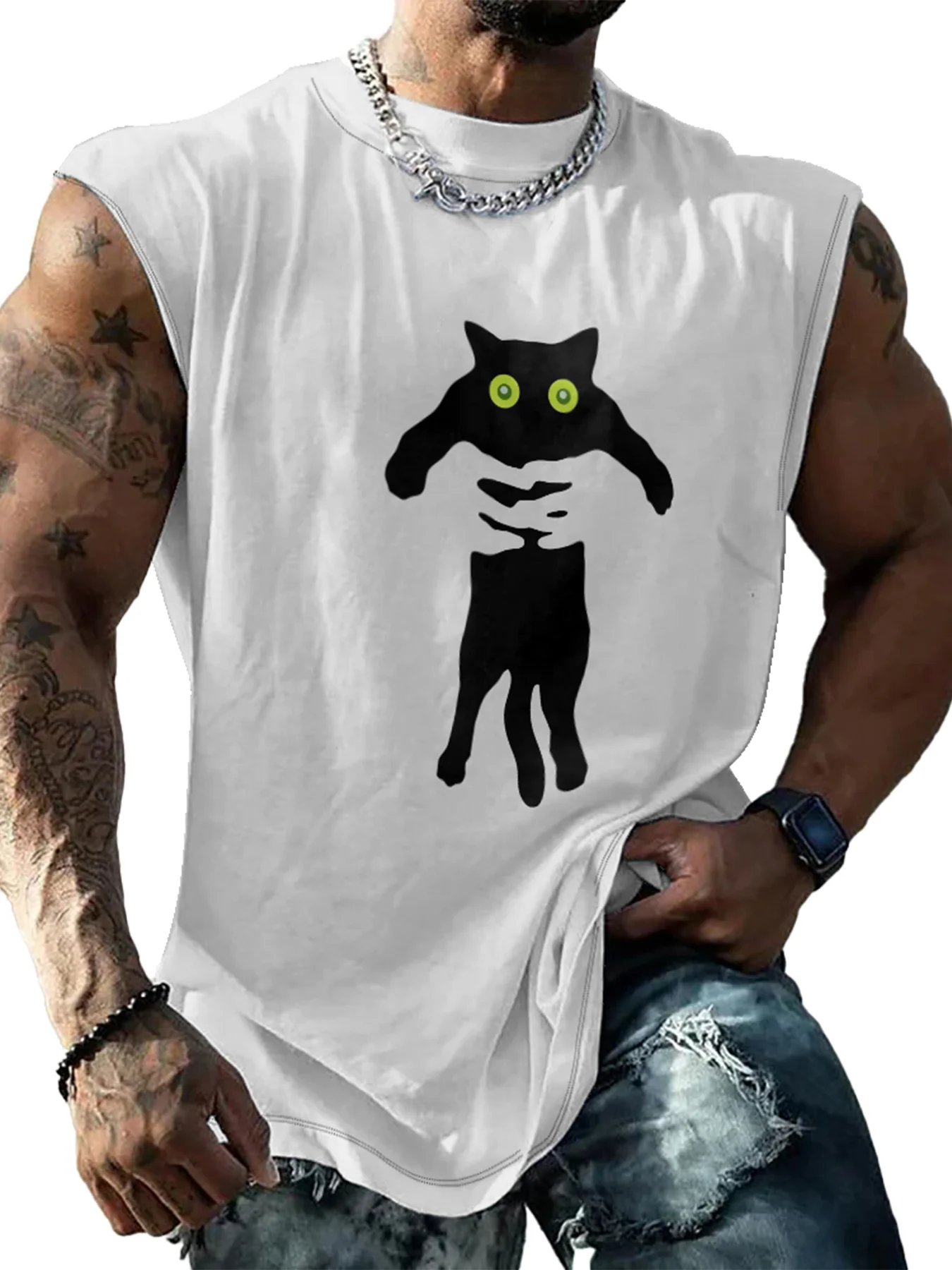 Mens Crewneck Tank Tops Black Cat Beach Sleeveless Shirt