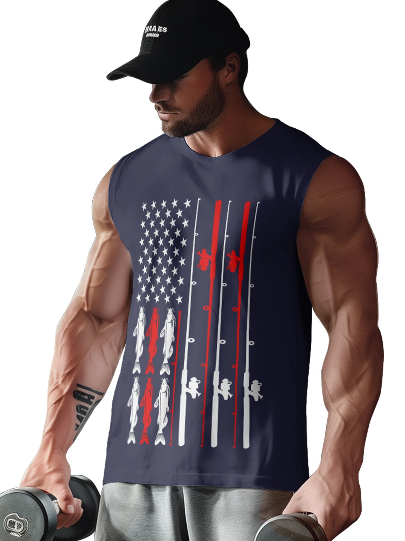 Mens Crewneck Tank Tops American Flag Fishing Patriotic Sleeveless T-Shirt