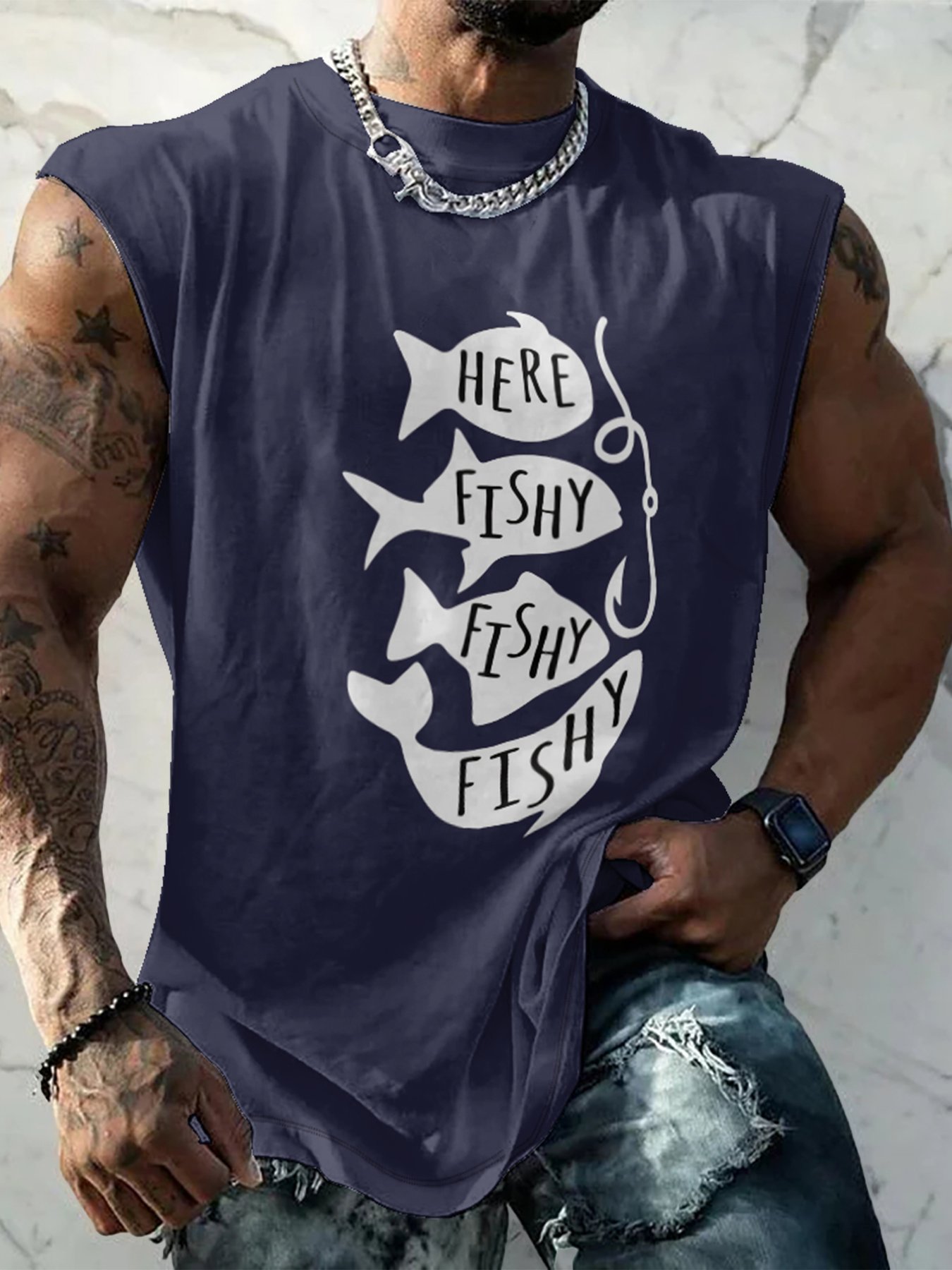 Mens Crewneck Tank Tops Fishing Here Fishy Beach Sleeveless Shirts