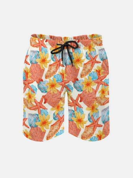 Men's Swim Trunks Hawaiian  Starfish Shell Beach Shorts with Pockets