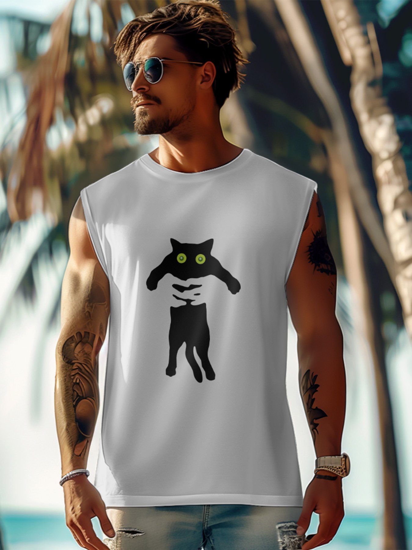 Mens Crewneck Tank Tops Black Cat Beach Sleeveless Shirt