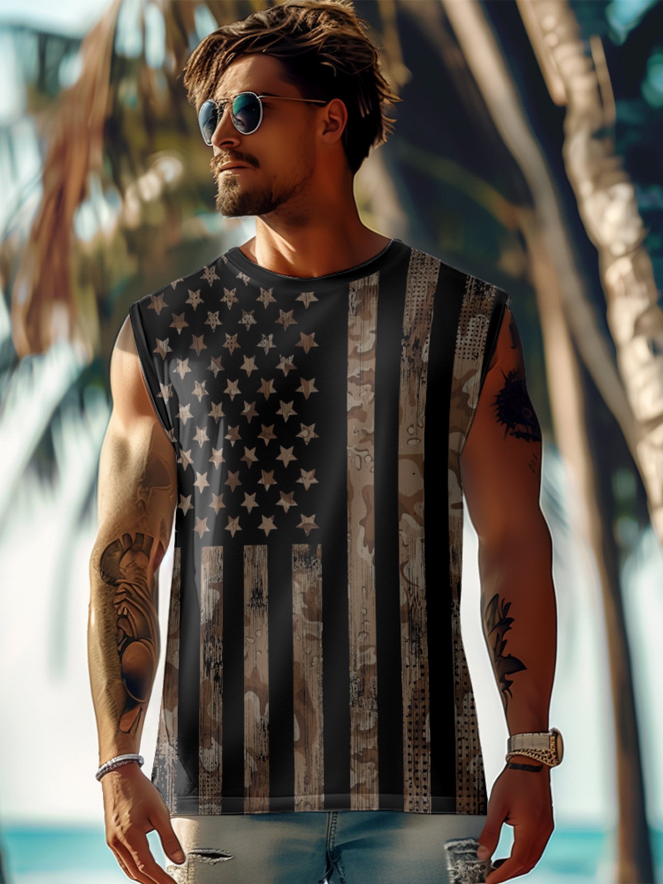 Mens Crewneck Tank Tops American Flag National Patriotic Sleeveless T-Shirt