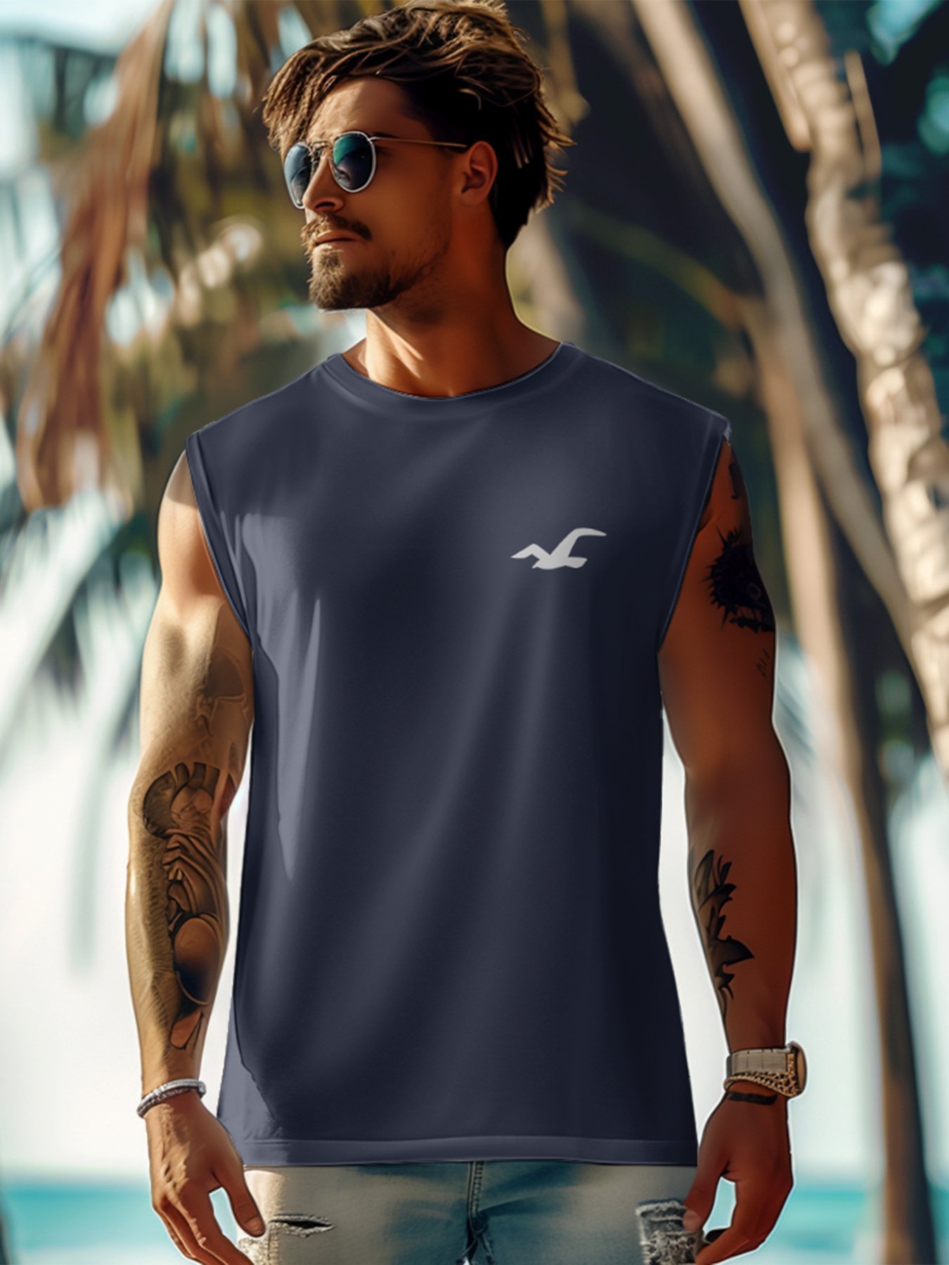 Mens Crewneck Tank Tops Seagull Beach Sleeveless Shirt