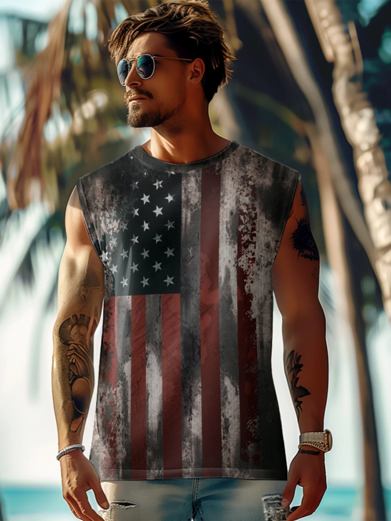 Mens Crewneck Tank Tops American Flag National Patriotic Sleeveless T-Shirt