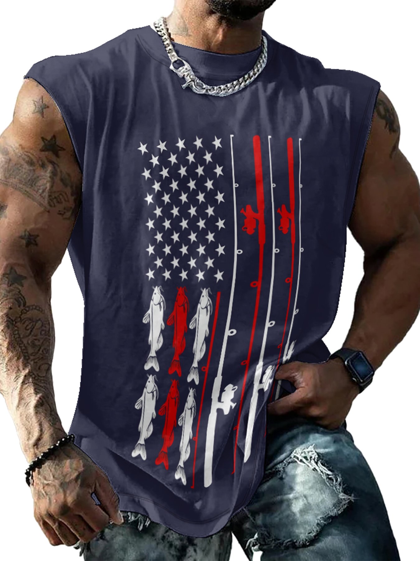 Mens Crewneck Tank Tops American Flag Fishing Patriotic Sleeveless T-Shirt