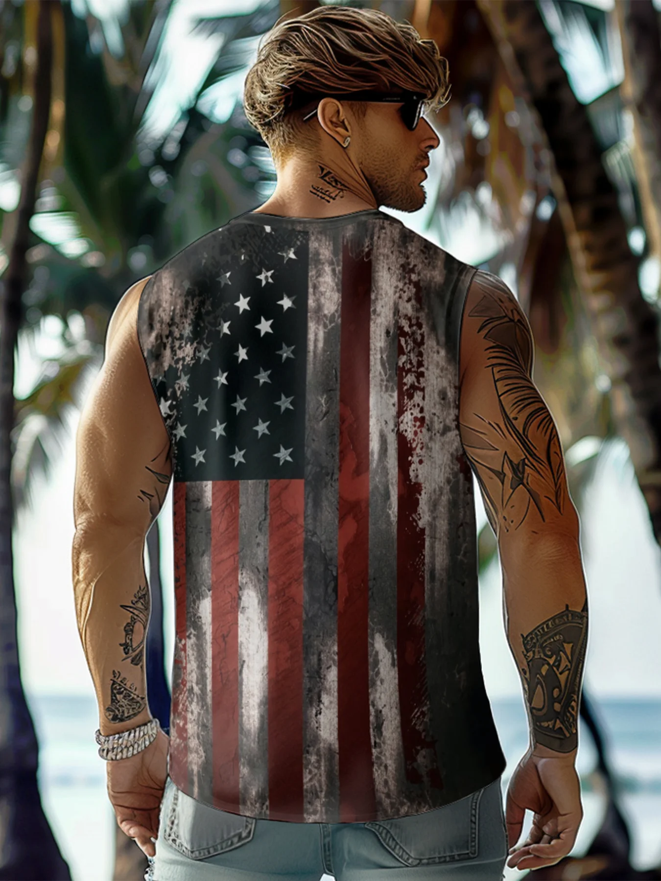 Mens Crewneck Tank Tops American Flag National Patriotic Sleeveless T-Shirt