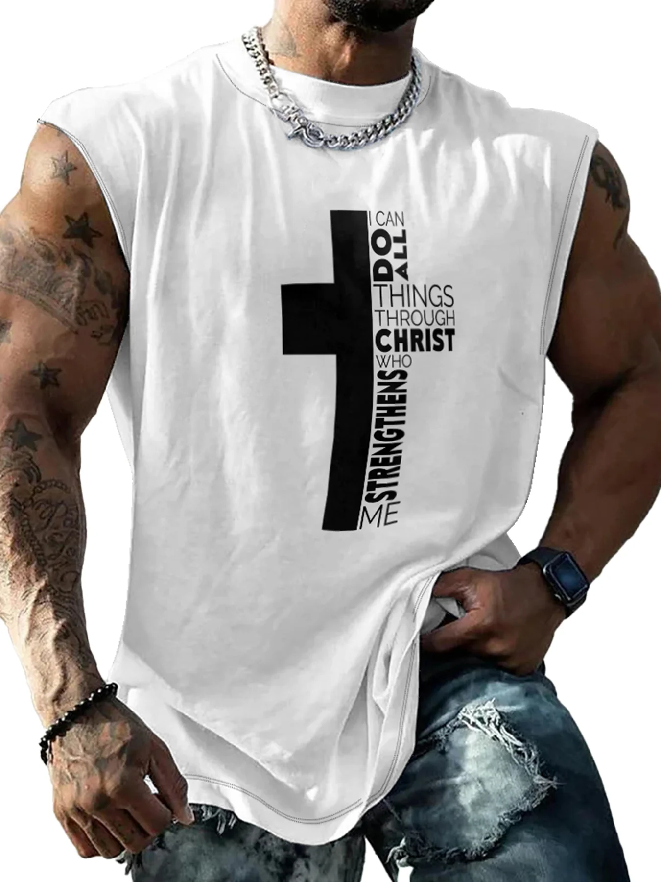 Mens Crewneck Tank Tops Cross Easter Beach Sleeveless Shirt