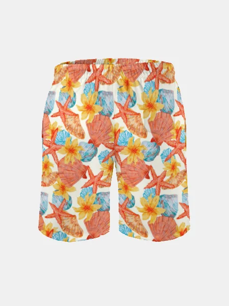 Men's Swim Trunks Hawaiian  Starfish Shell Beach Shorts with Pockets