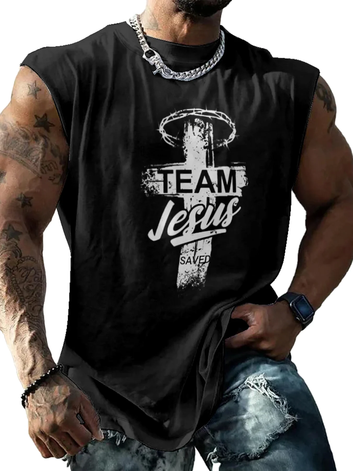 Mens Crewneck Tank Tops Team Jesus Saved Cross Easter Sleeveless Shirt