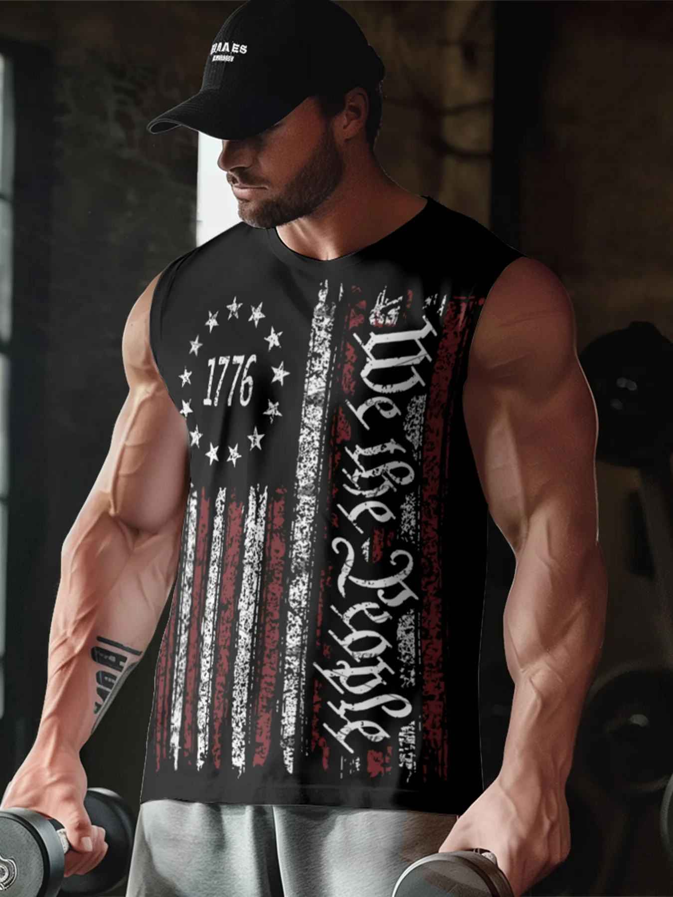 Mens Crewneck Tank Tops American Flag National Patriotic Sleeveless T-Shirt