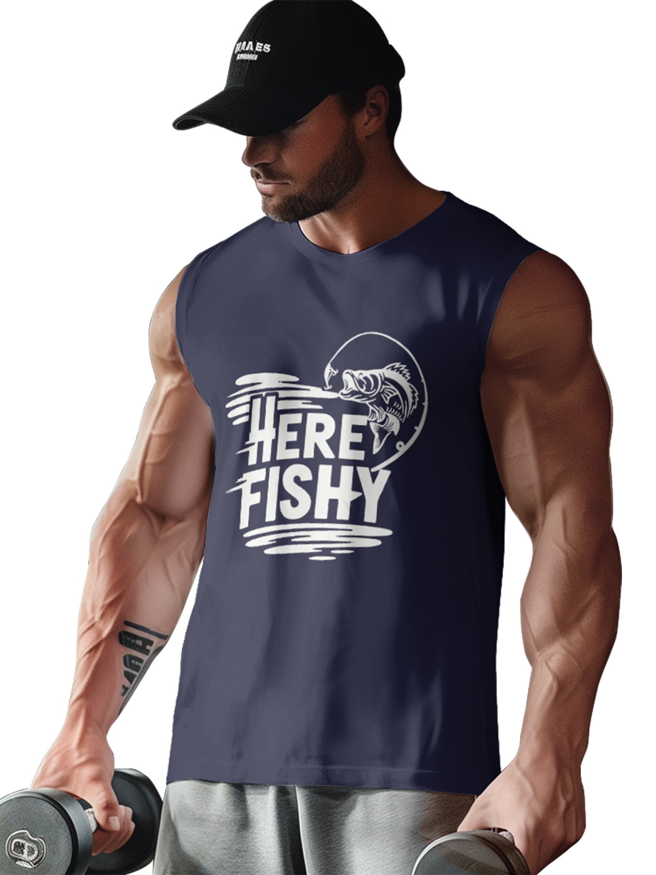 Mens Crewneck Tank Tops Fishing Here Fishy Beach Sleeveless Shirts