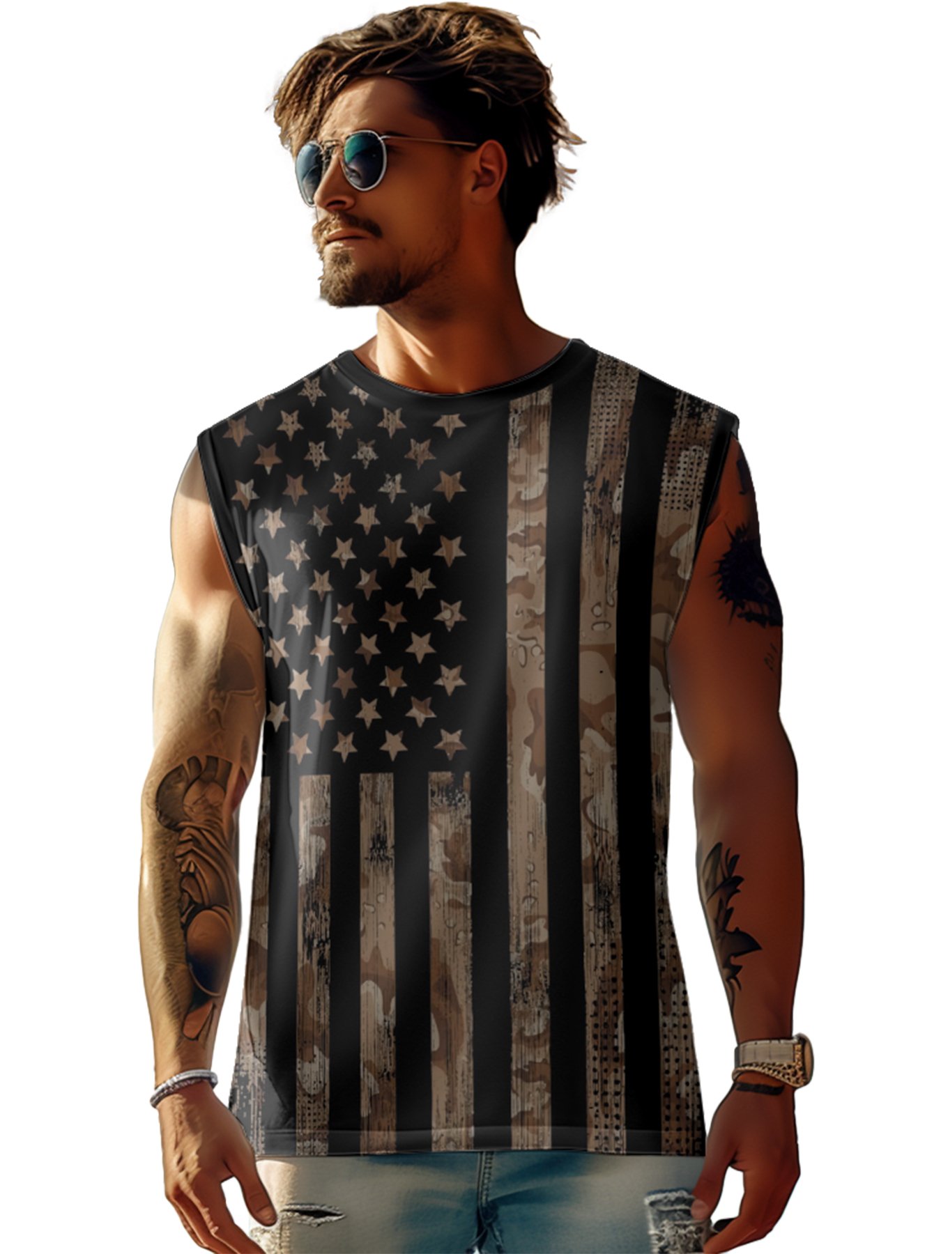 Mens Crewneck Tank Tops American Flag National Patriotic Sleeveless T-Shirt