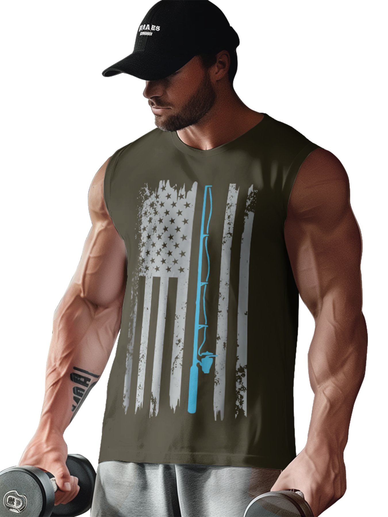 Mens Crewneck Tank Tops American Flag Fishing Patriotic Sleeveless T-Shirt