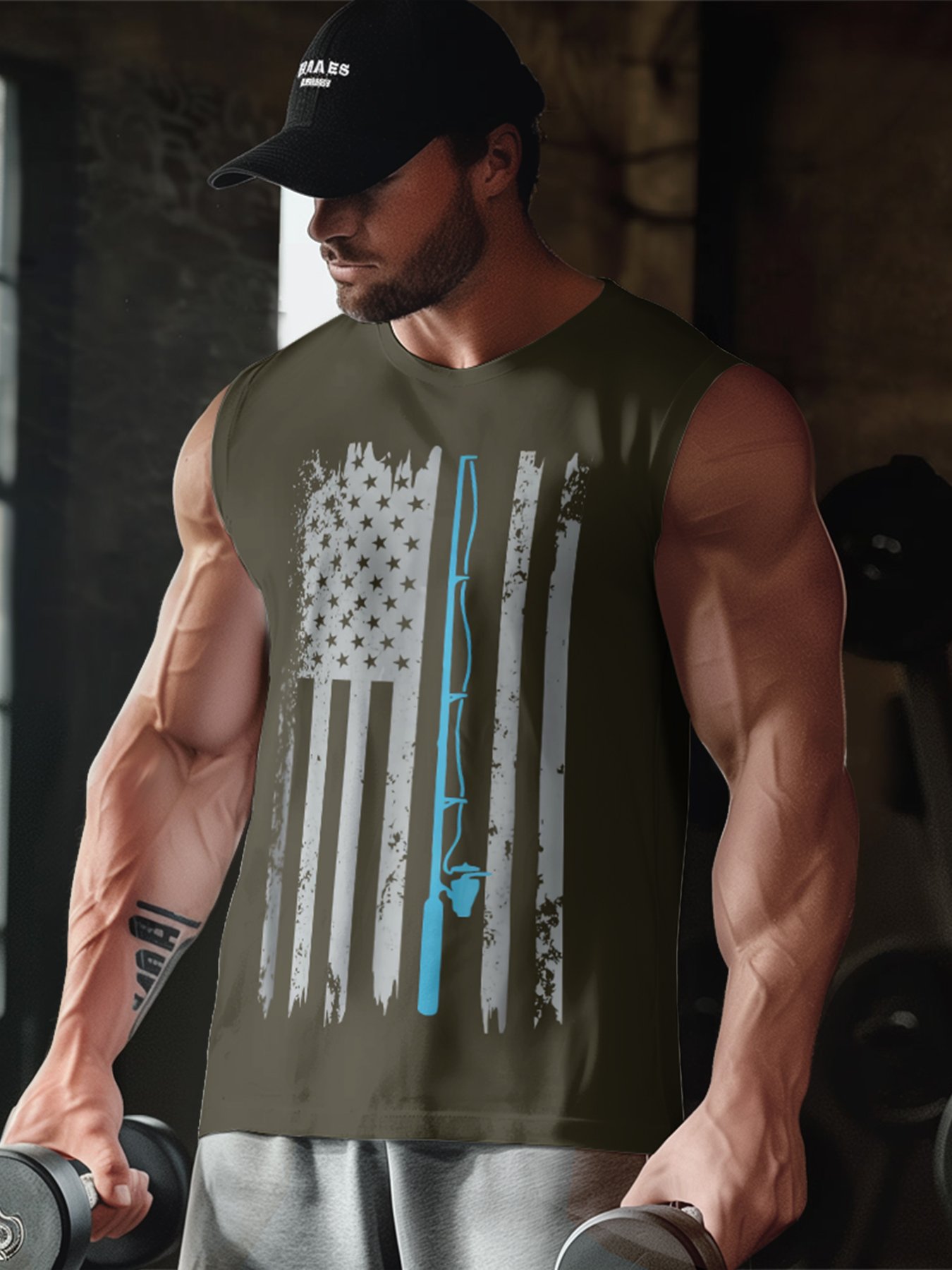 Mens Crewneck Tank Tops American Flag Fishing Patriotic Sleeveless T-Shirt