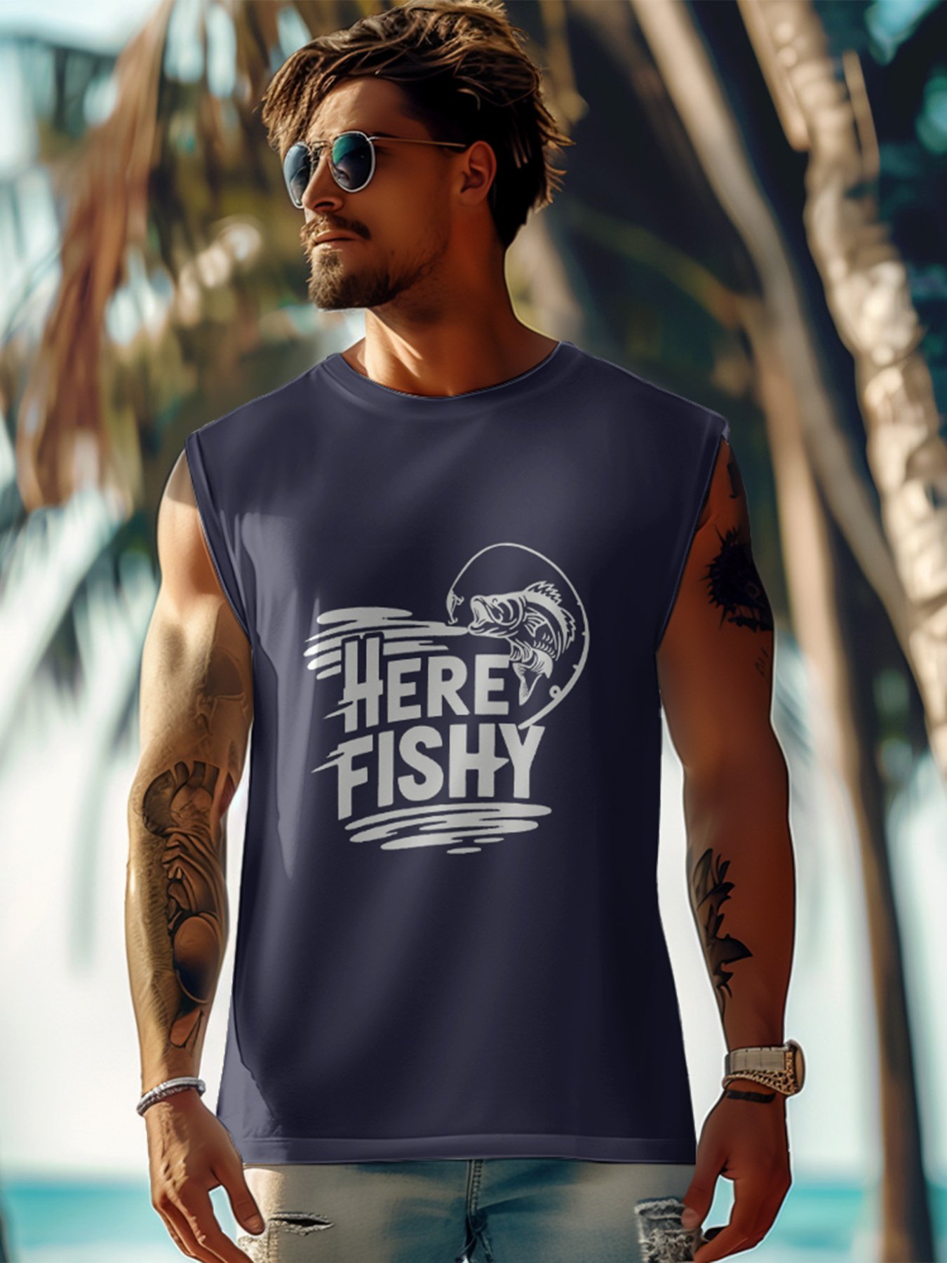 Mens Crewneck Tank Tops Fishing Here Fishy Beach Sleeveless Shirts