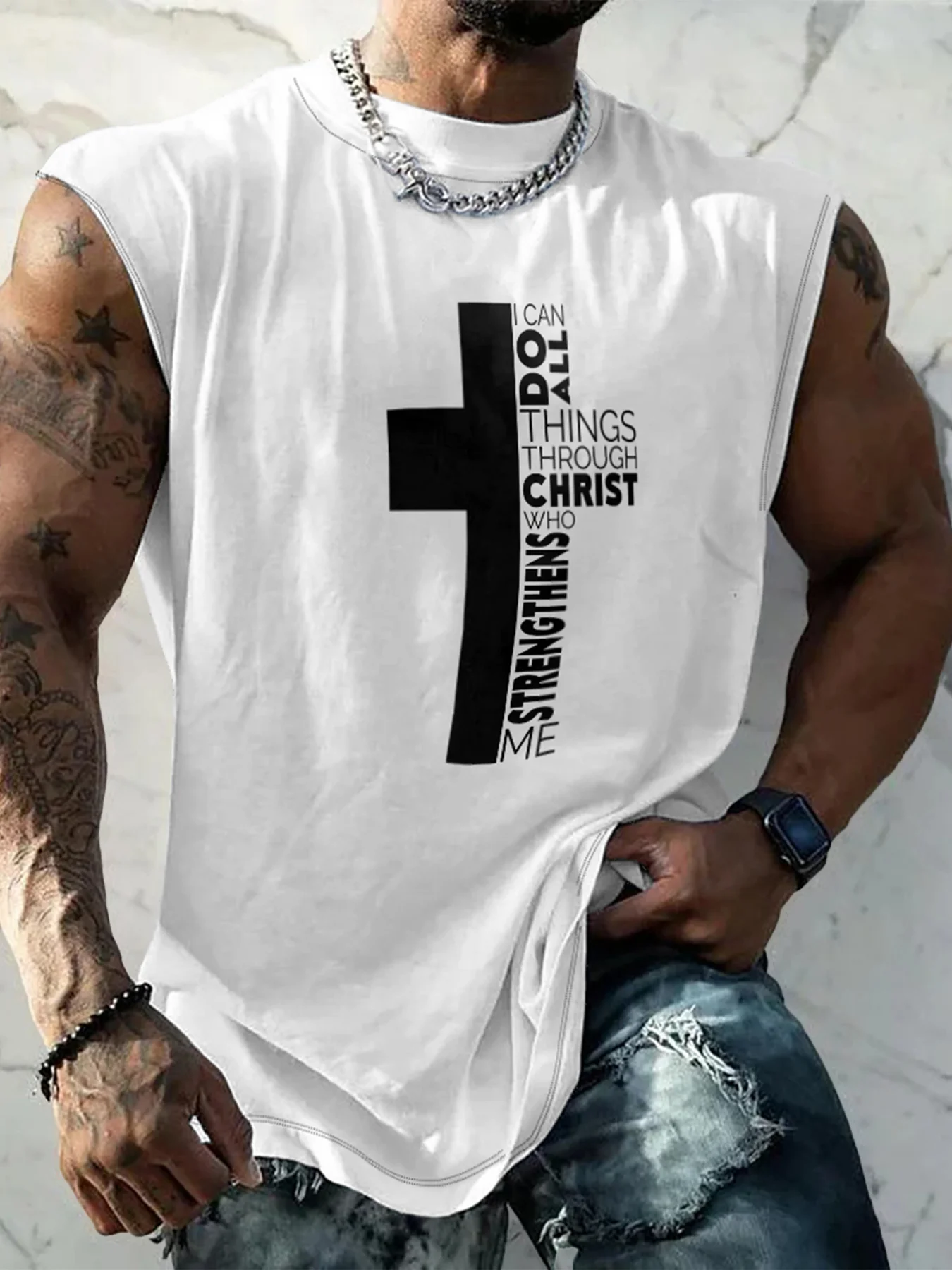 Mens Crewneck Tank Tops Cross Easter Beach Sleeveless Shirt