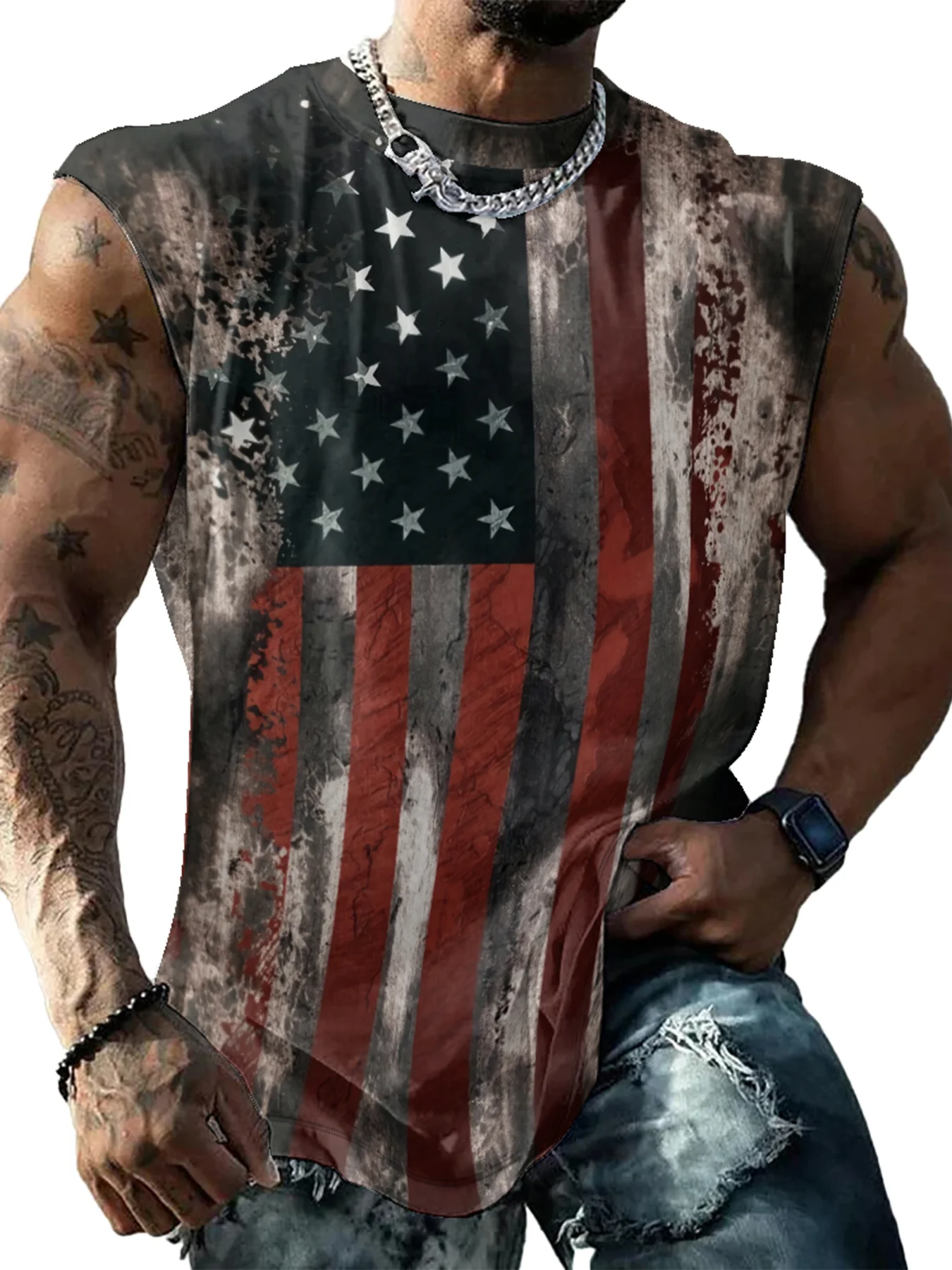 Mens Crewneck Tank Tops American Flag National Patriotic Sleeveless T-Shirt